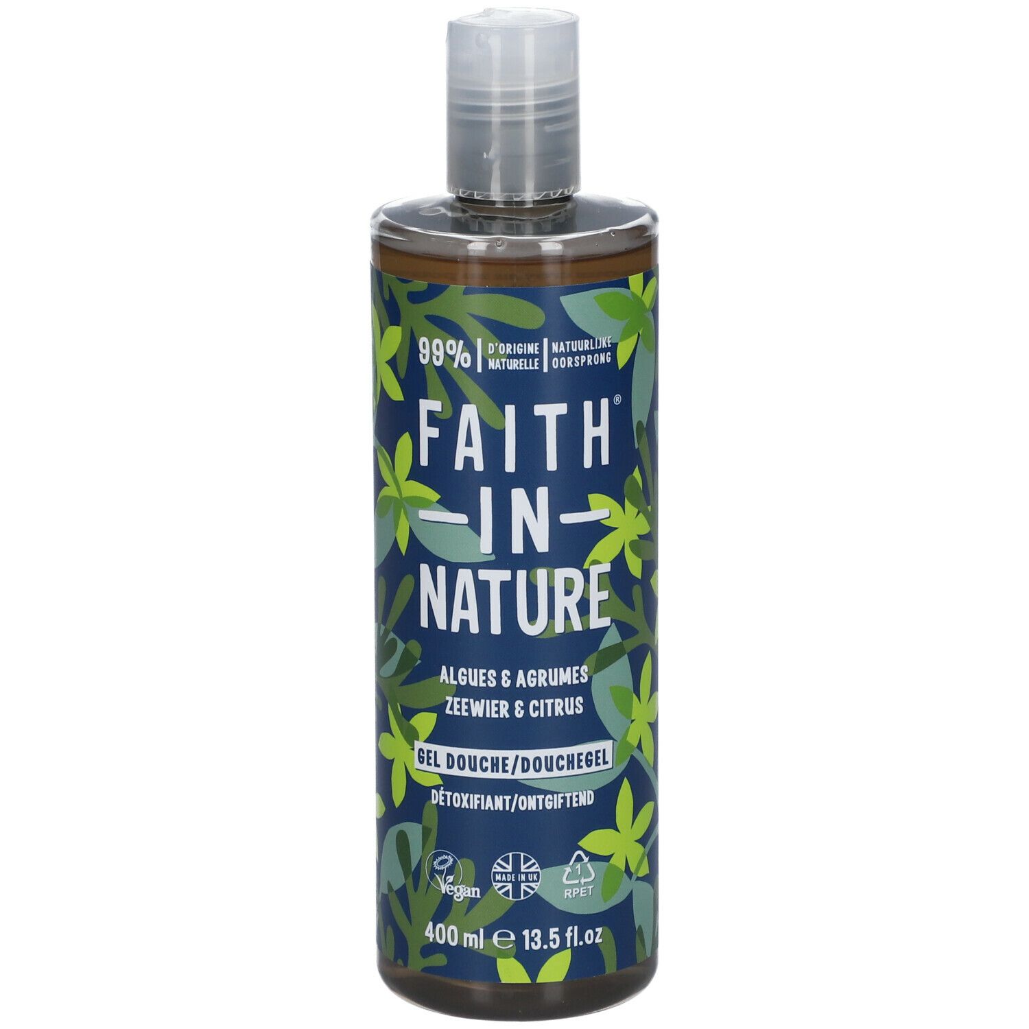 Flacon de gel douche avec étiquette verte. Inscription: FAITH IN NATURE, Algues & Agrumes. Logo vegan, 400 ml.