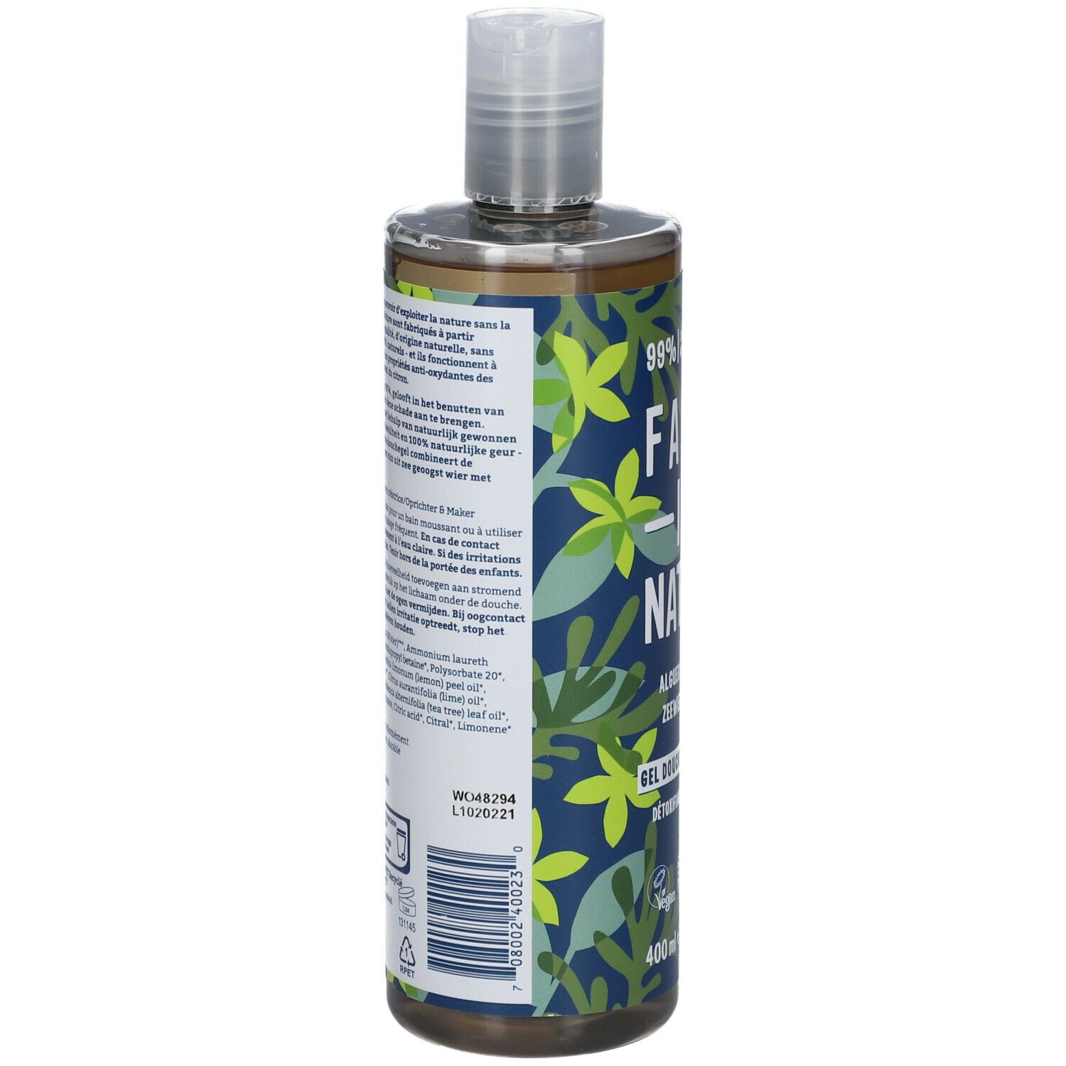 Dos du flacon de gel douche. Texte multilingue. Logo vegan, symbole de recyclage, 400 ml.