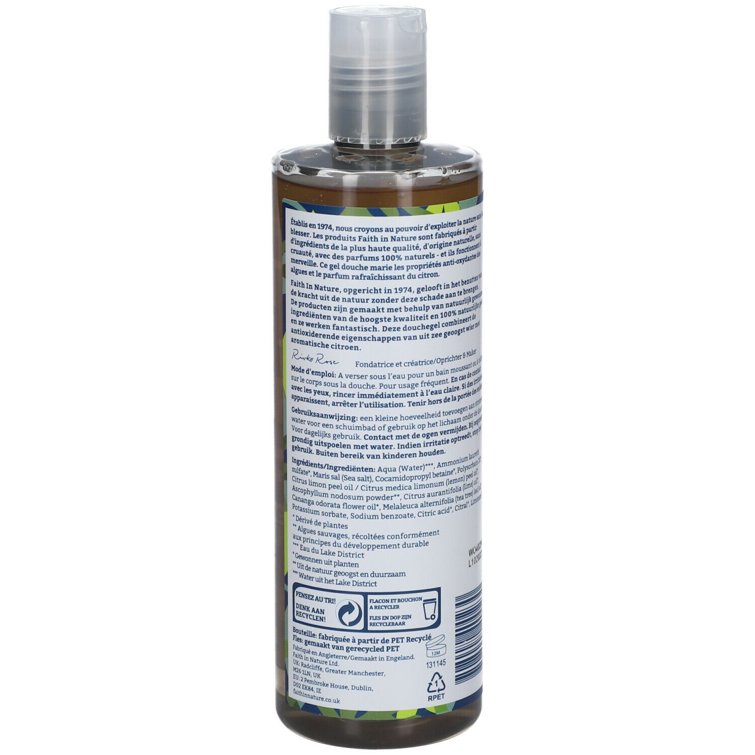Dos du flacon de gel douche. Texte multilingue. Logo vegan, symbole de recyclage, 400 ml.