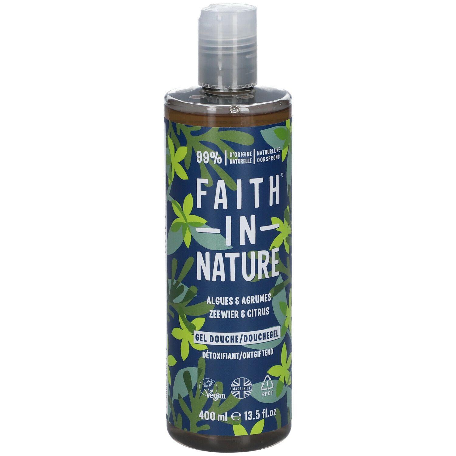 Flacon de gel douche avec étiquette verte. Inscription: FAITH IN NATURE, Algues & Agrumes. Logo vegan, 400 ml.