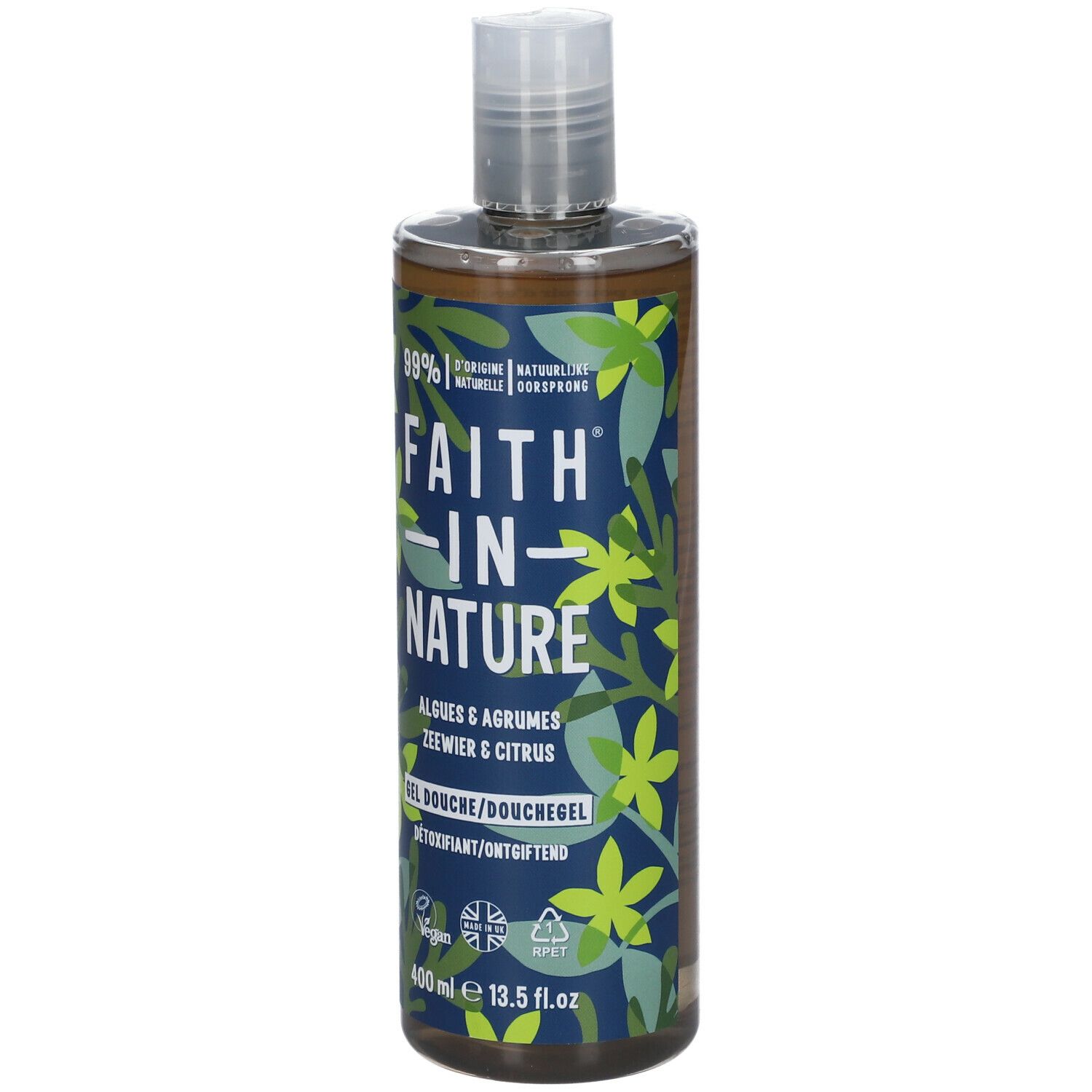 Flacon de gel douche avec étiquette verte. Inscription: FAITH IN NATURE, Algues & Agrumes. Logo vegan, 400 ml.
