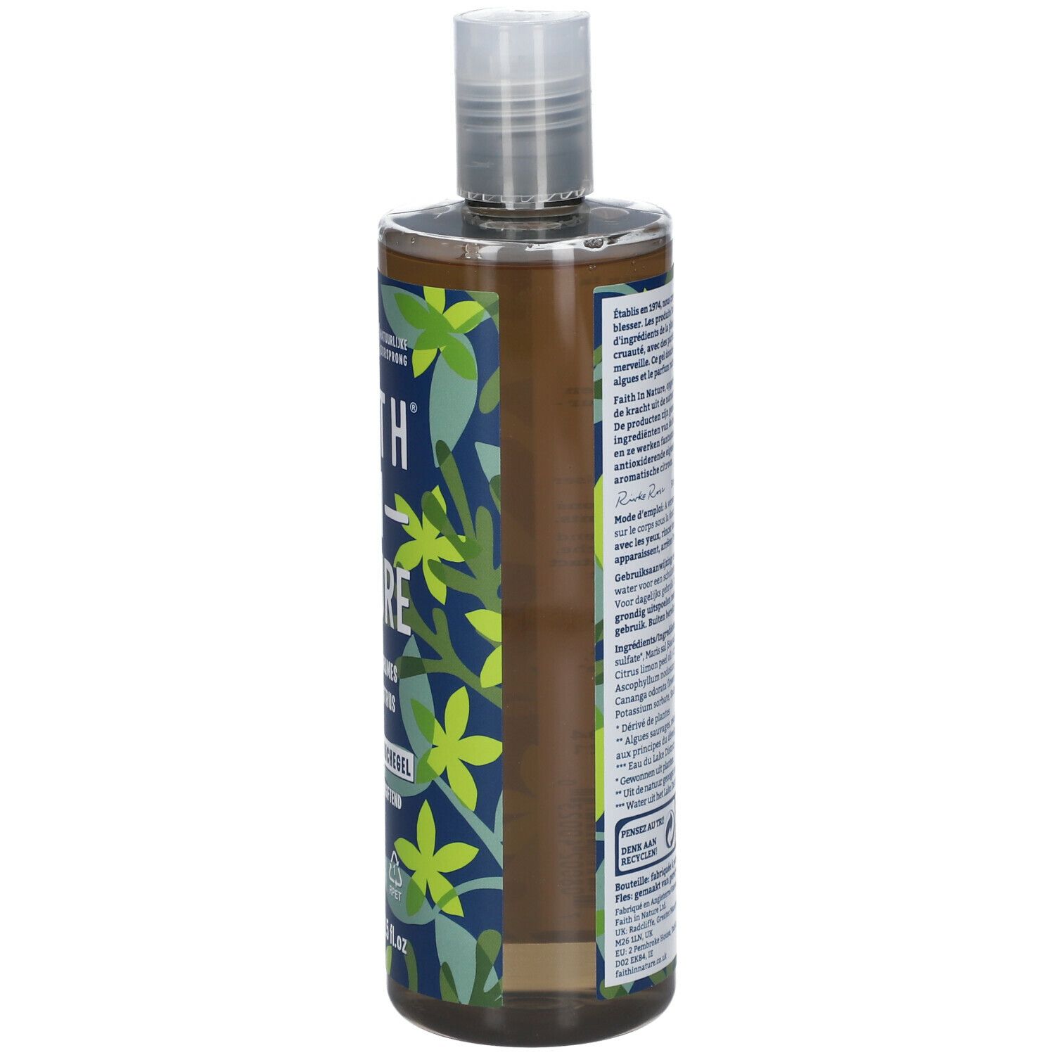 Flacon de gel douche avec étiquette verte. Inscription: FAITH IN NATURE, Algues & Agrumes. Logo vegan, 400 ml.