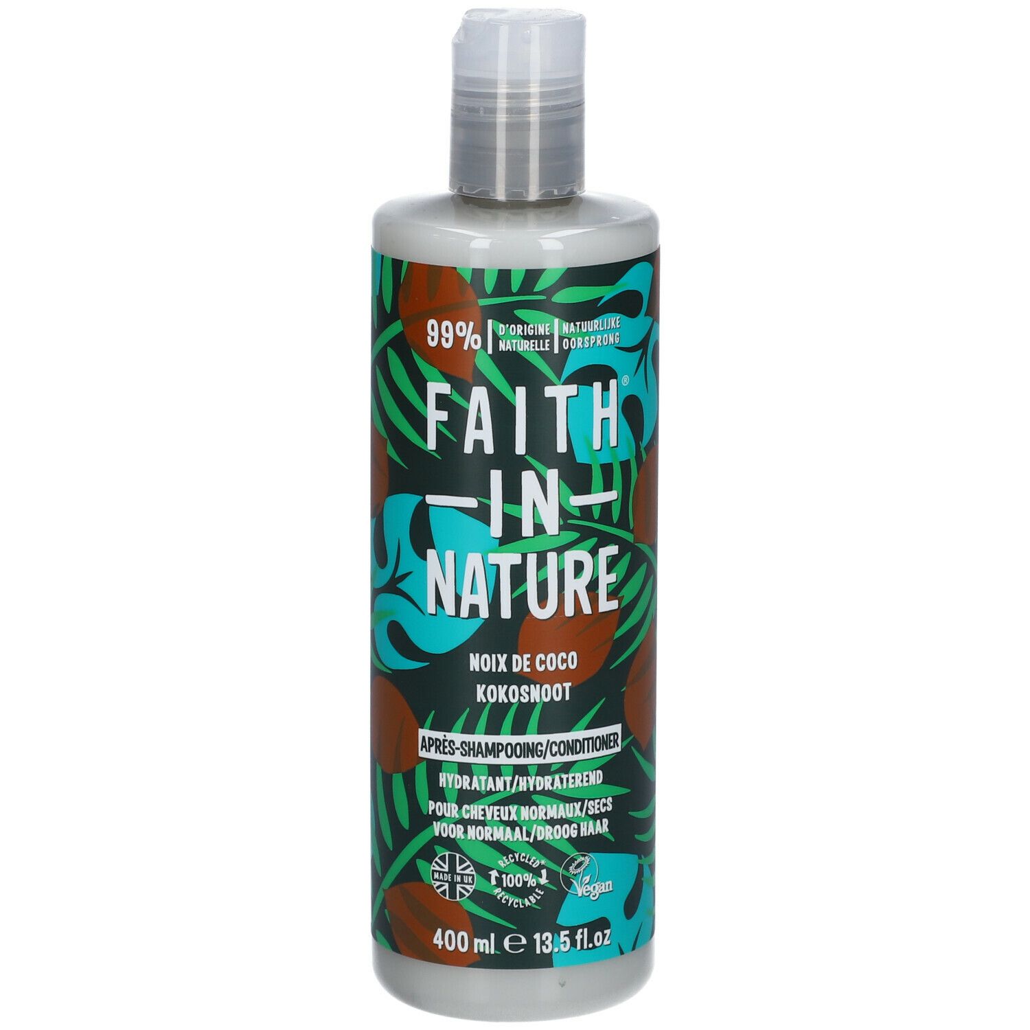 Flacon de revitalisant à la noix de coco. Inscription : FAITH IN NATURE, 99% d'origine naturelle. 400 ml.