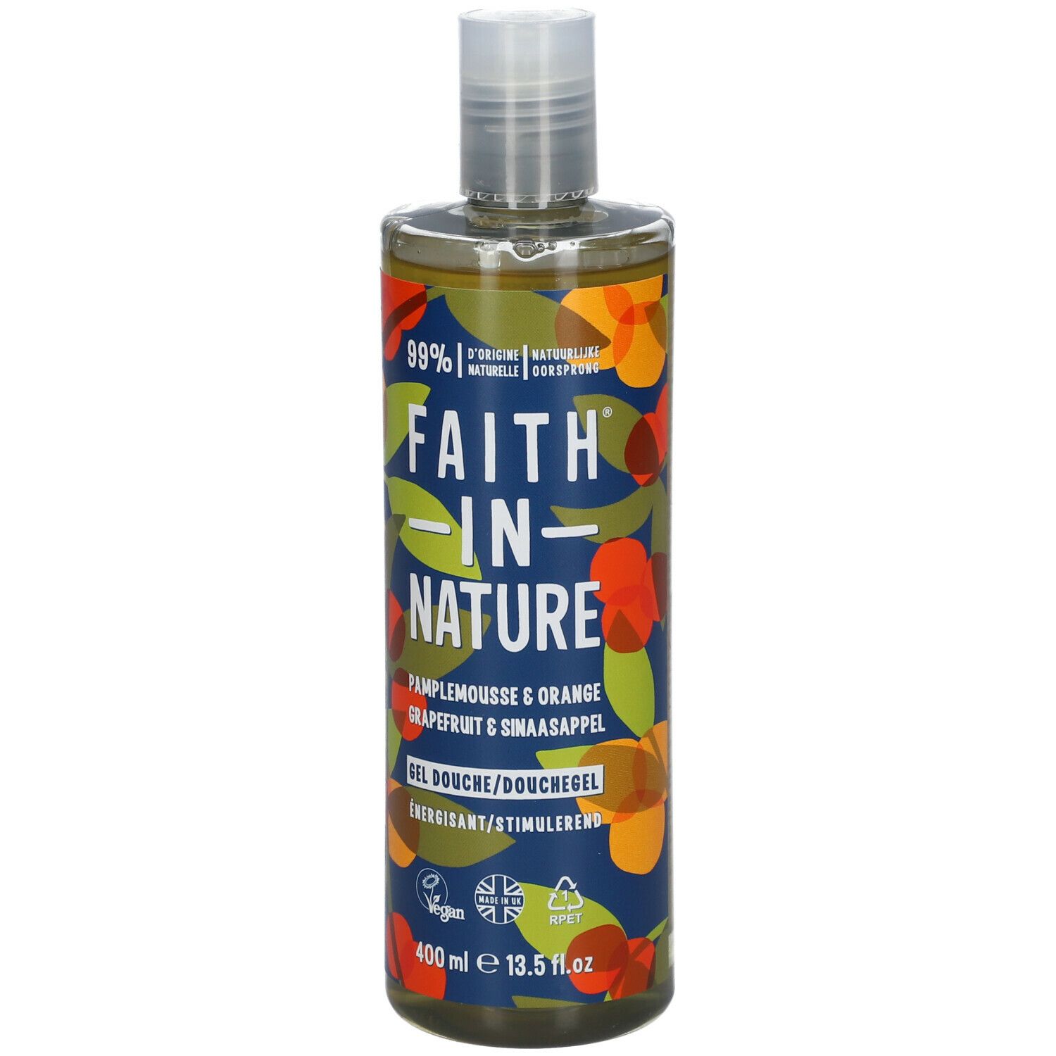 Flacon de gel douche FAITH IN NATURE. Inscription : Pamplemousse & Orange. 400 ml. Vegan.