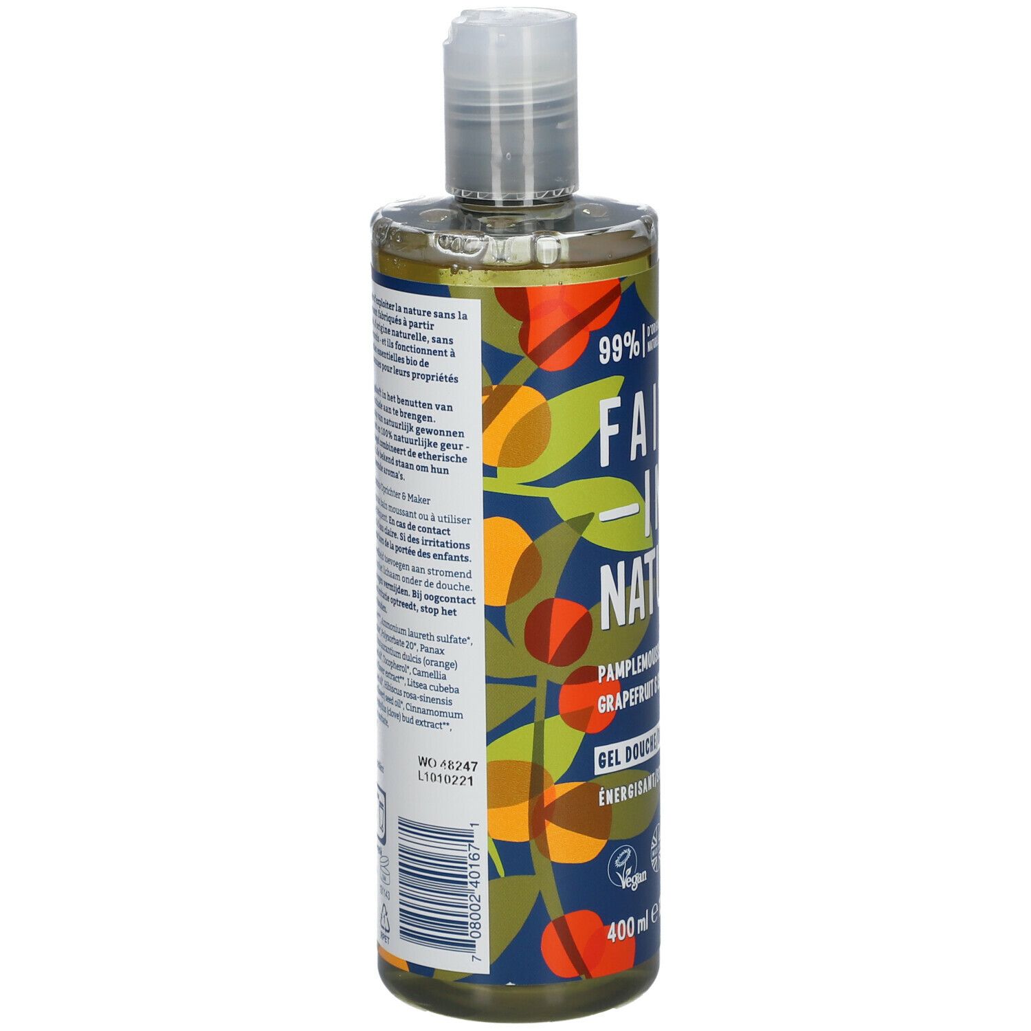 Dos du flacon de gel douche. Texte multilingue. Ingrédients et certifications.