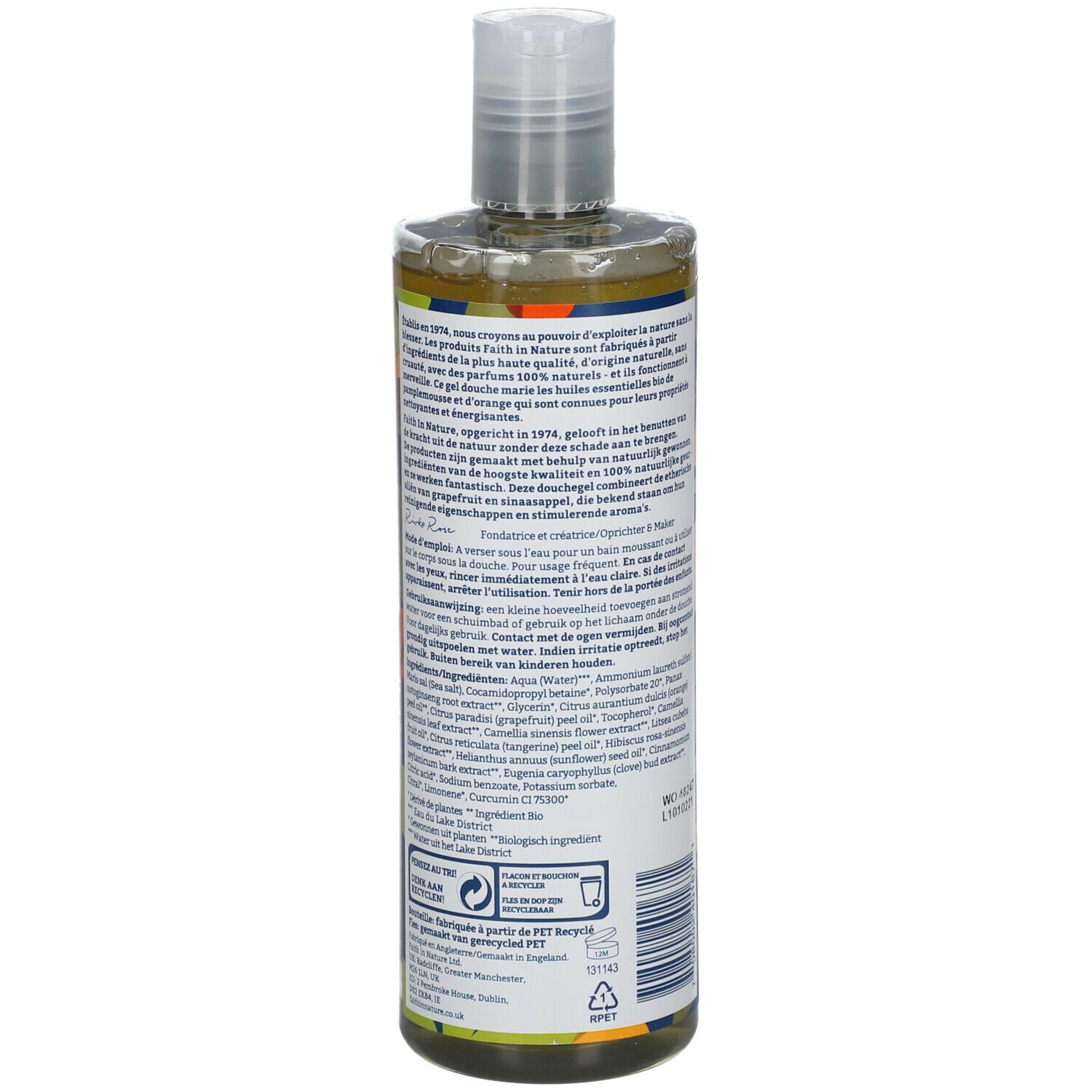 Dos du flacon de gel douche. Texte multilingue. Ingrédients et certifications.