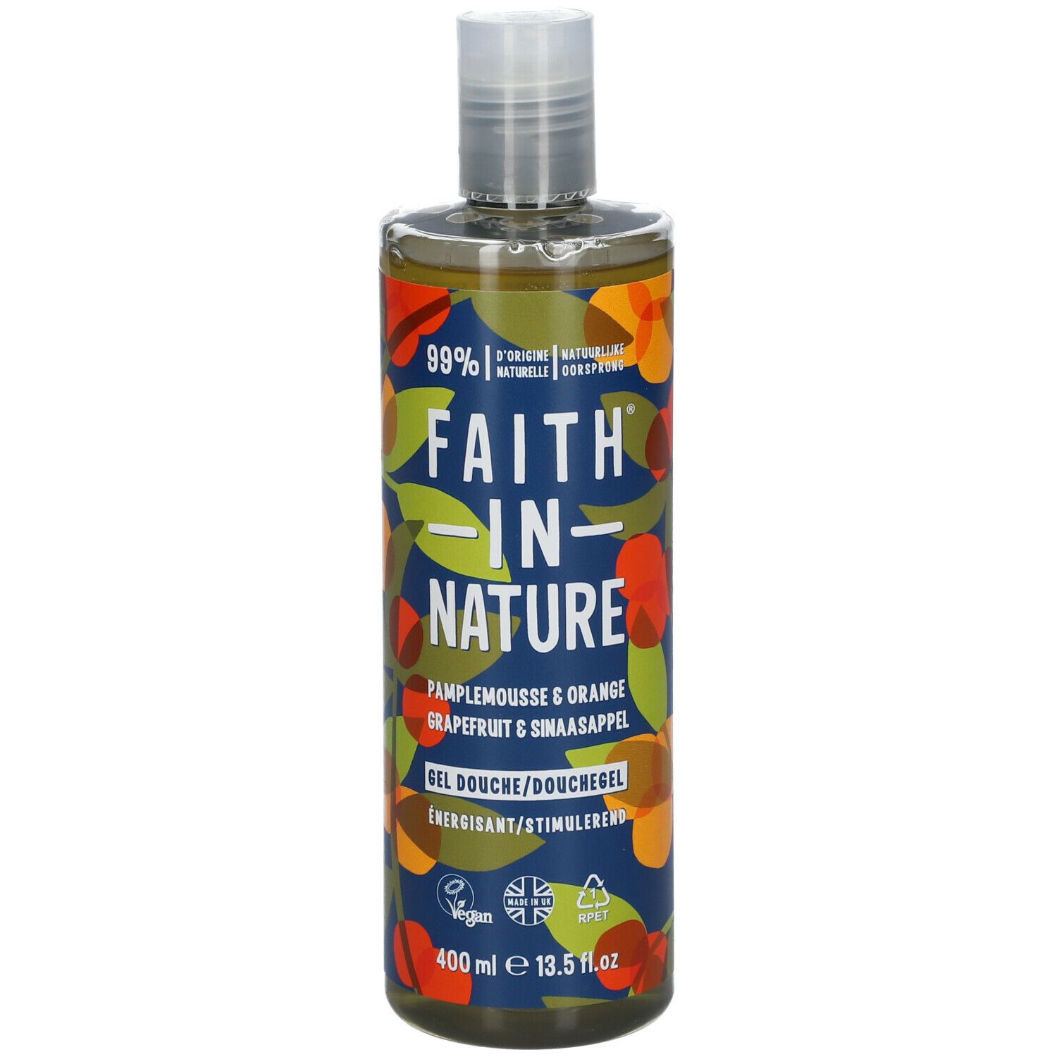 Flacon de gel douche FAITH IN NATURE. Inscription : Pamplemousse & Orange. 400 ml. Vegan.