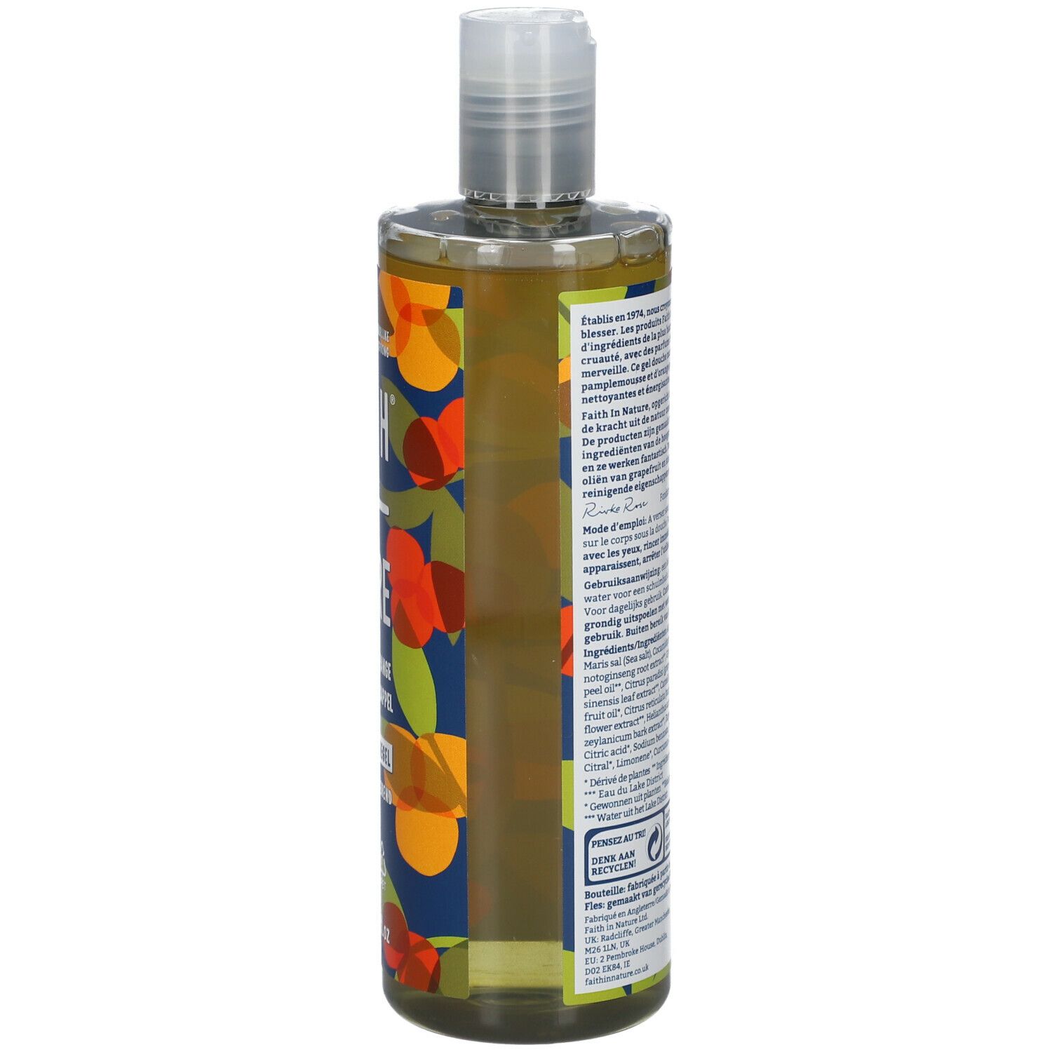 Dos du flacon de gel douche. Texte multilingue. Ingrédients et certifications.
