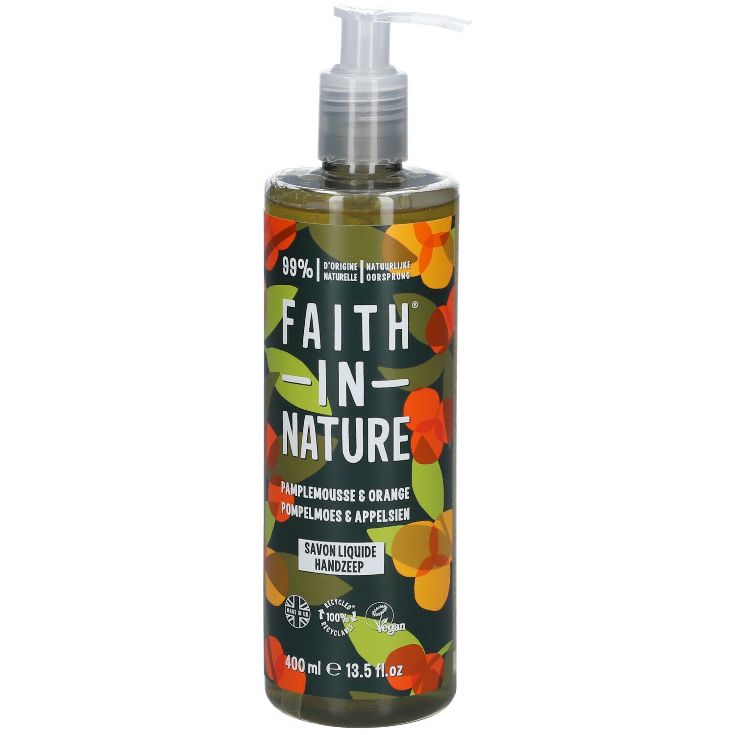 Savon liquide avec pompe. Inscription: FAITH IN NATURE, Pamplemousse & Orange, 400 ml.