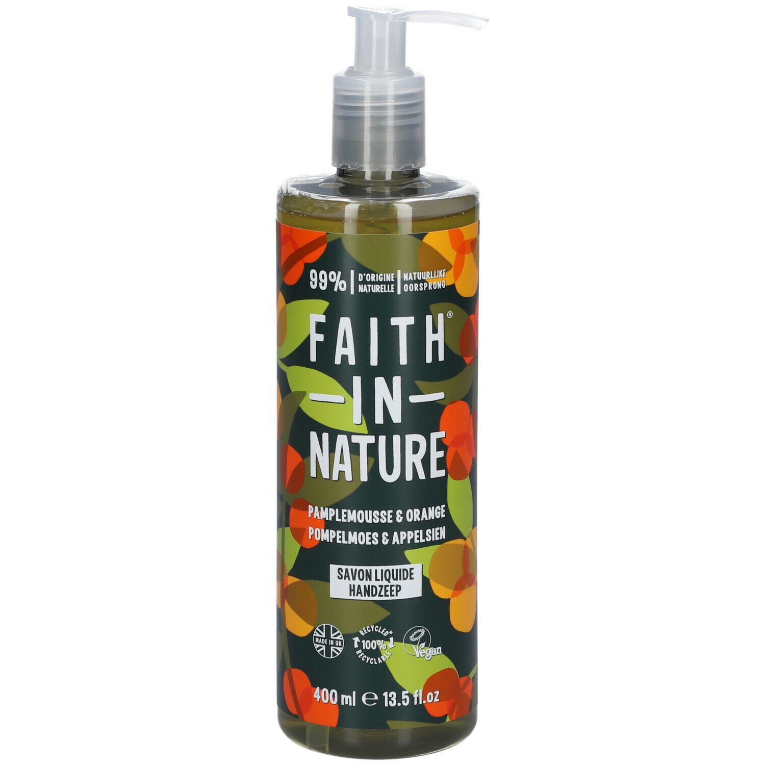 Savon liquide avec pompe. Inscription: FAITH IN NATURE, Pamplemousse & Orange, 400 ml.