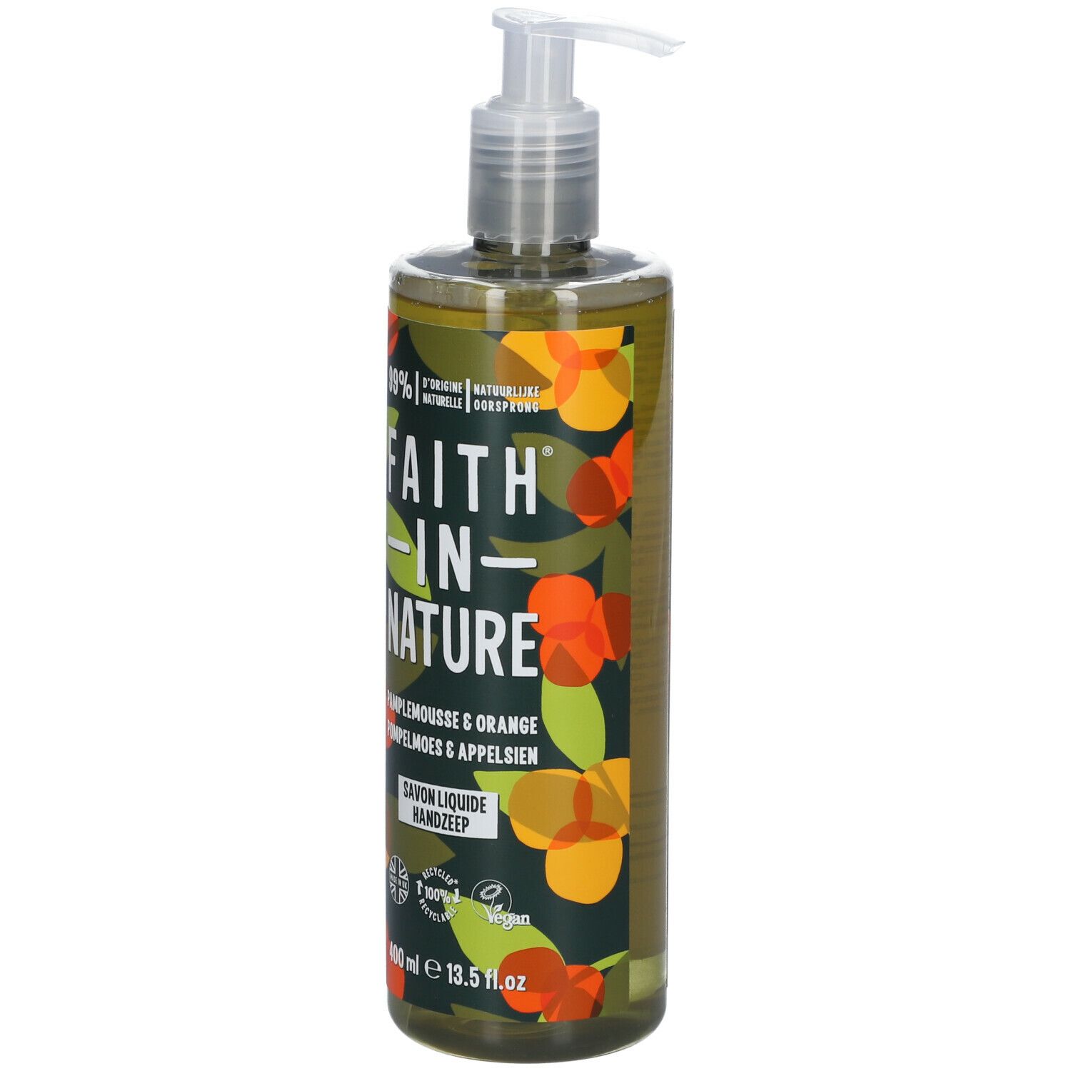 Savon liquide avec pompe. Inscription: FAITH IN NATURE, Pamplemousse & Orange, 400 ml.