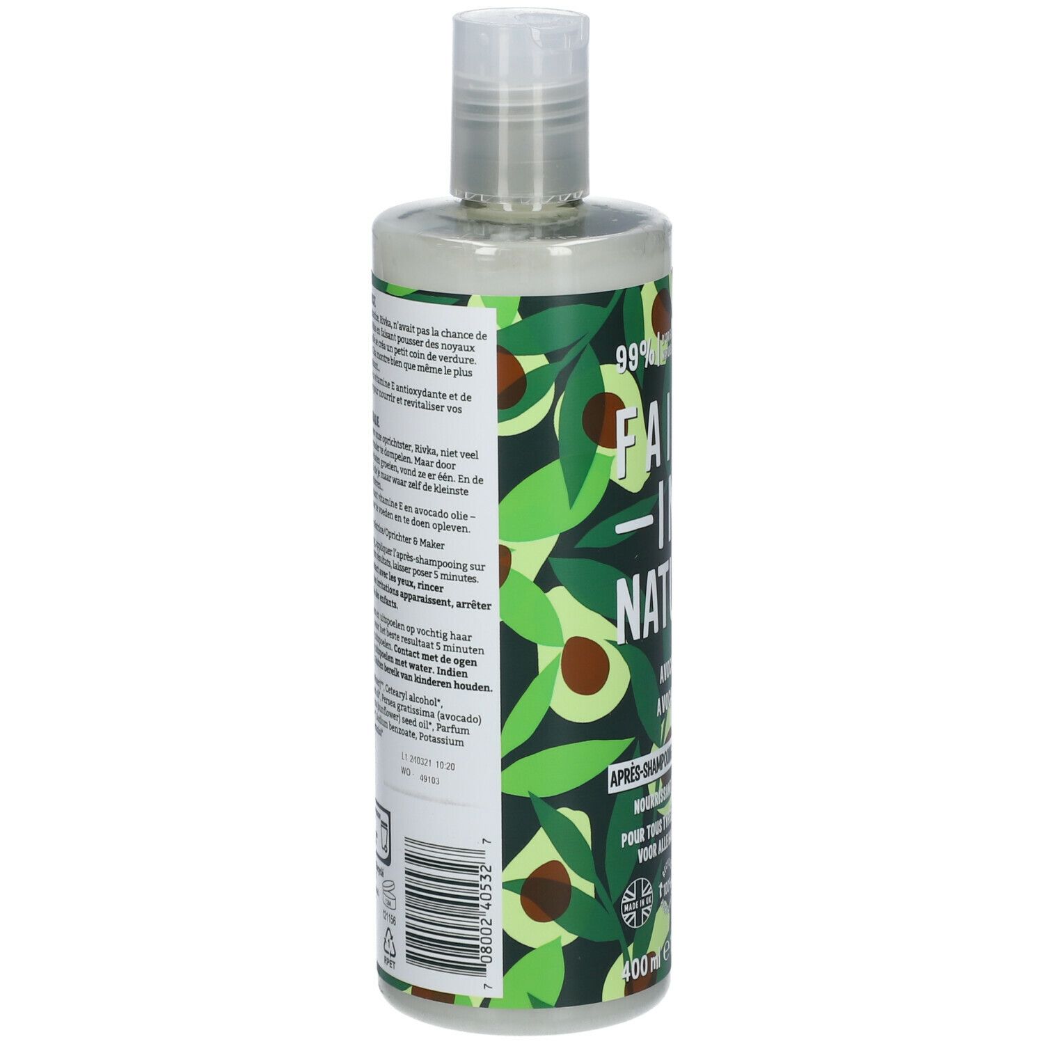 Flacon de revitalisant avec motif avocat. Texte : FAITH IN NATURE, 99% d'origine naturelle. 400 ml.