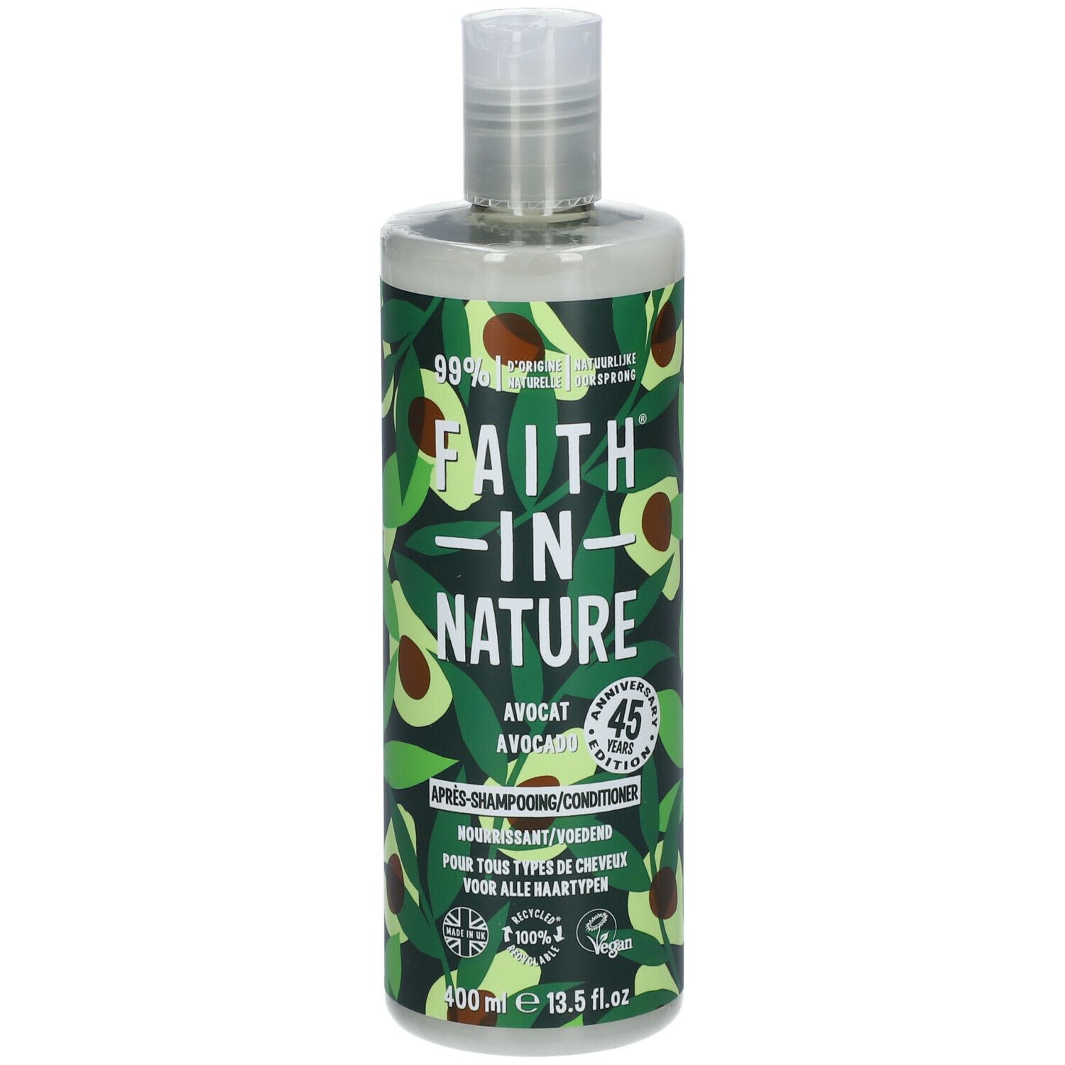 Flacon de revitalisant avec motif avocat. Texte : FAITH IN NATURE, avocat, 45e anniversaire, 100% recyclé.