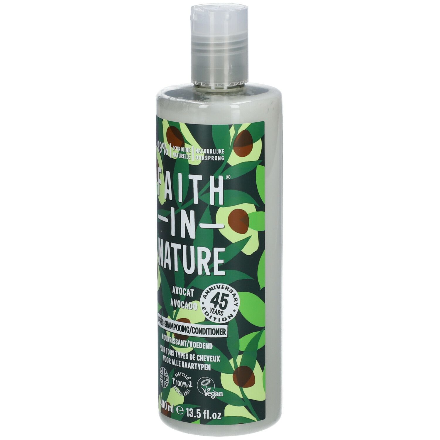 Flacon de revitalisant avec motif avocat. Texte : FAITH IN NATURE, avocat, 45e anniversaire, vegan.