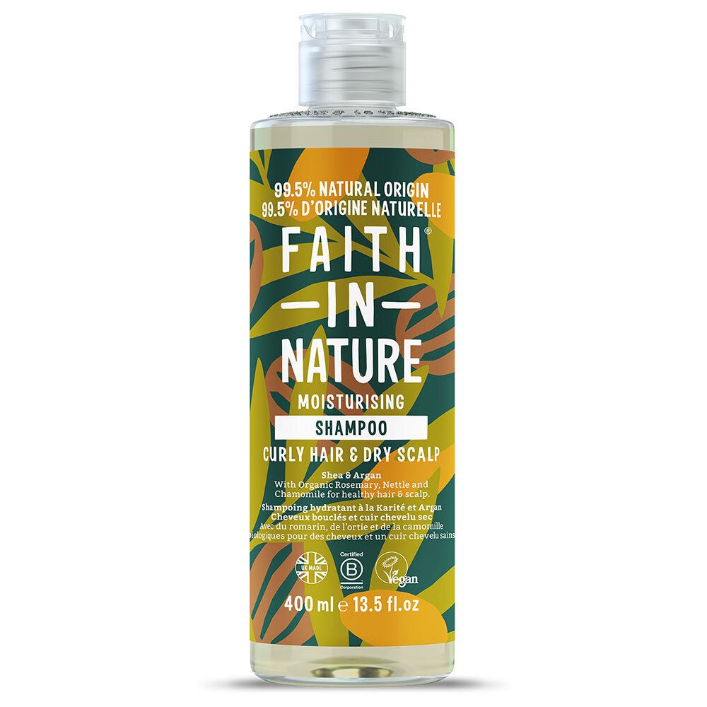 Flacon de shampooing. Inscription : FAITH IN NATURE, hydratant, pour cheveux bouclés et cuir chevelu sec. Vegan. 400 ml.