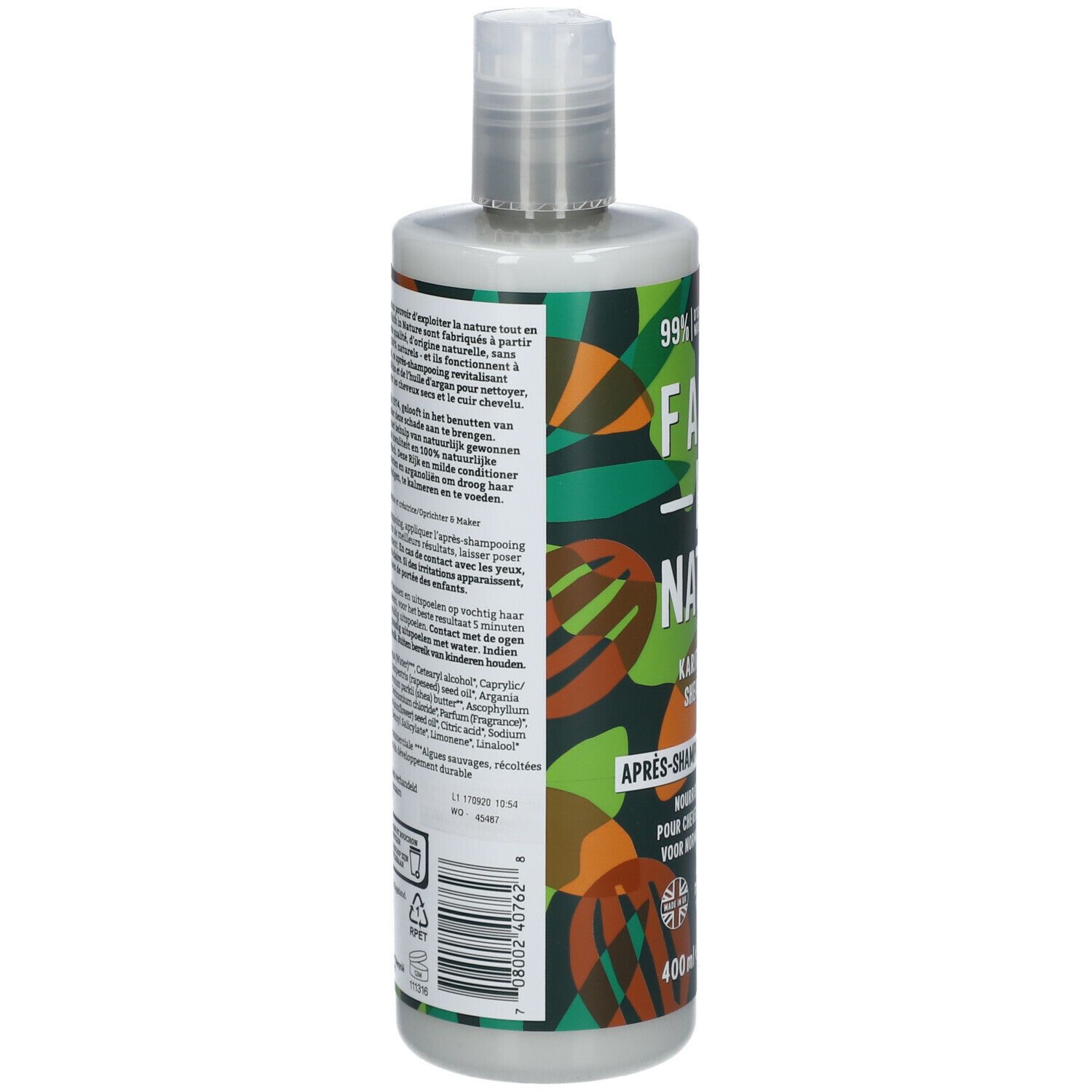 Bouteille de revitalisant. Dos avec texte et ingrédients. Bouchon blanc, design vert et marron. 400ml.