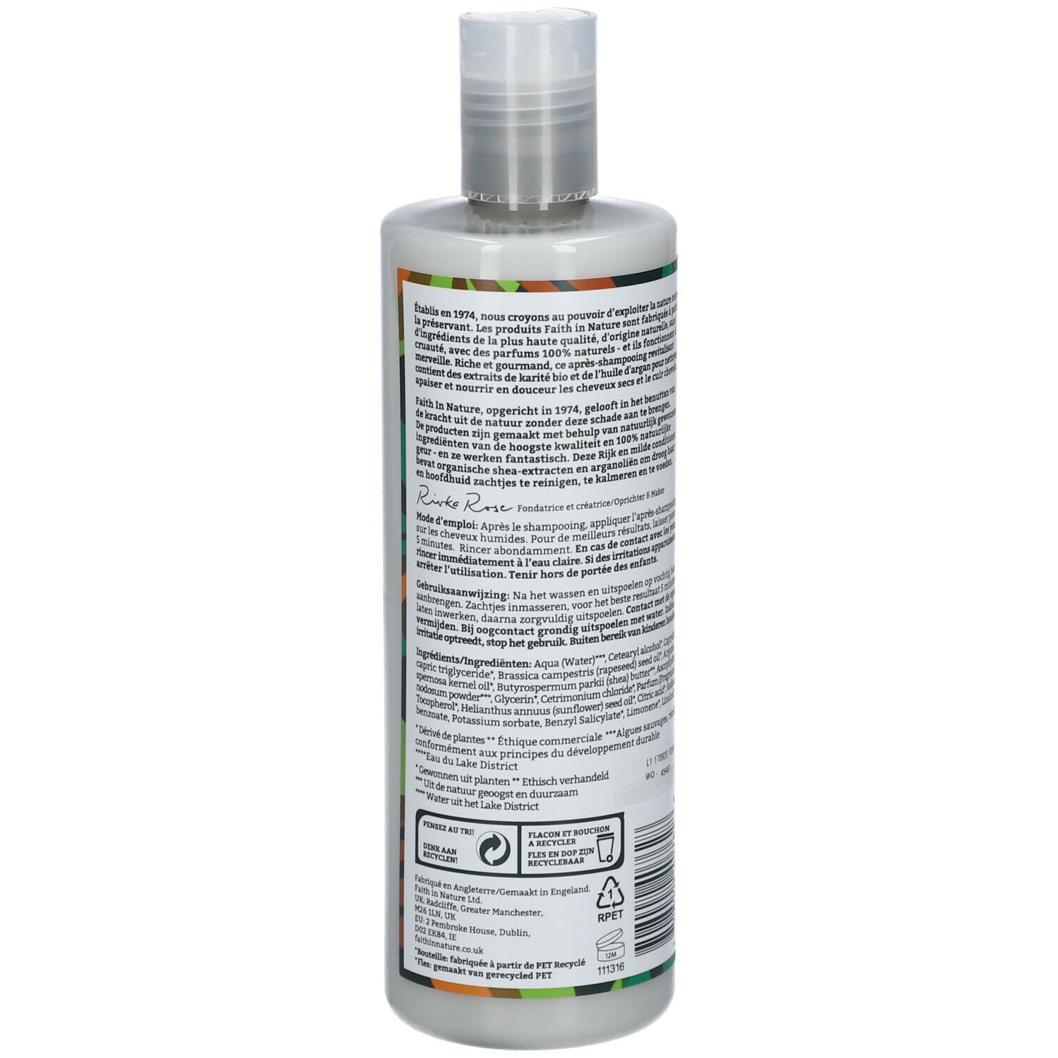 Dos de la bouteille de revitalisant. Texte avec ingrédients et instructions. Design vert et marron. Bouchon blanc.