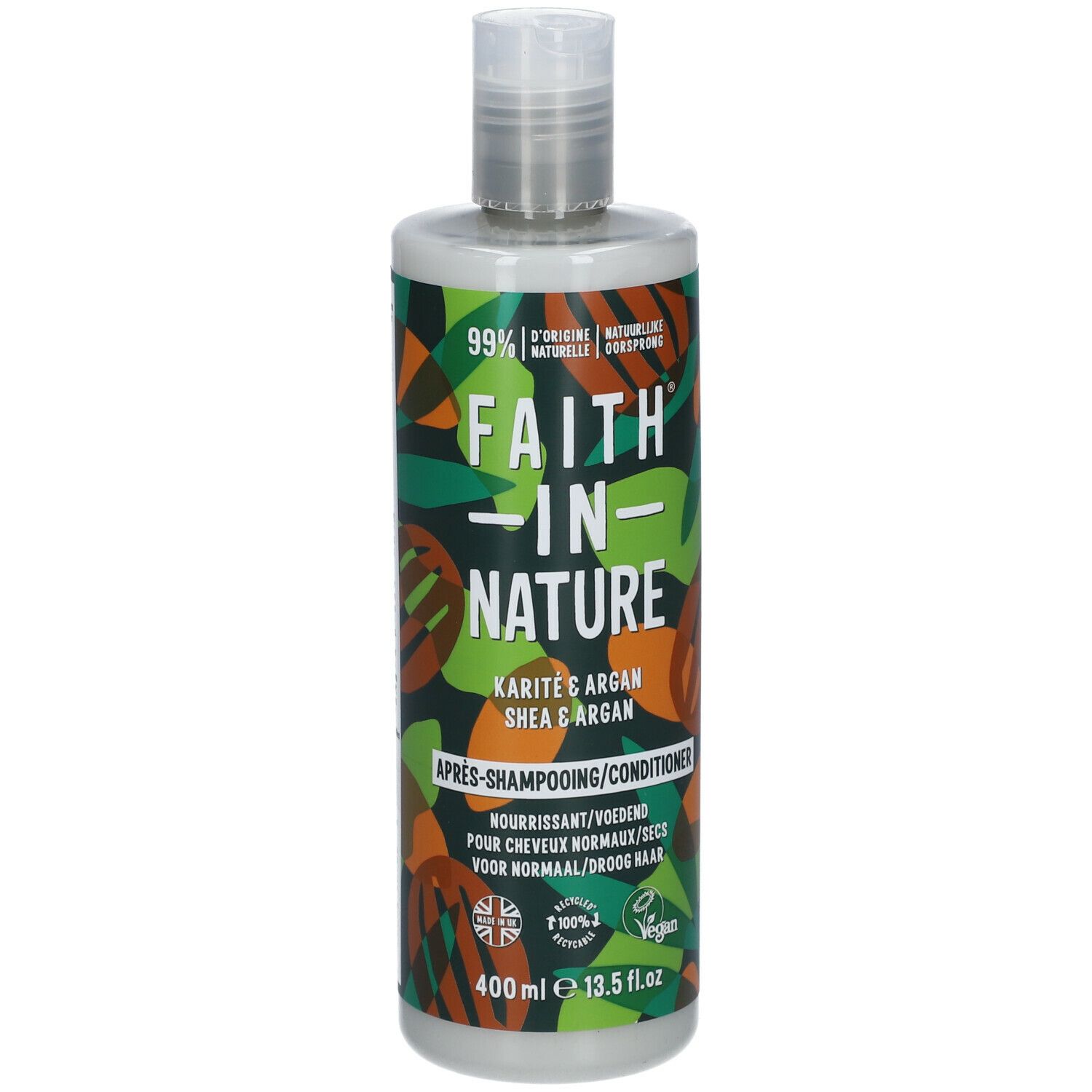 Bouteille de revitalisant. Face avant avec logo et informations sur le produit. Design vert et marron. Bouchon blanc. 400ml.