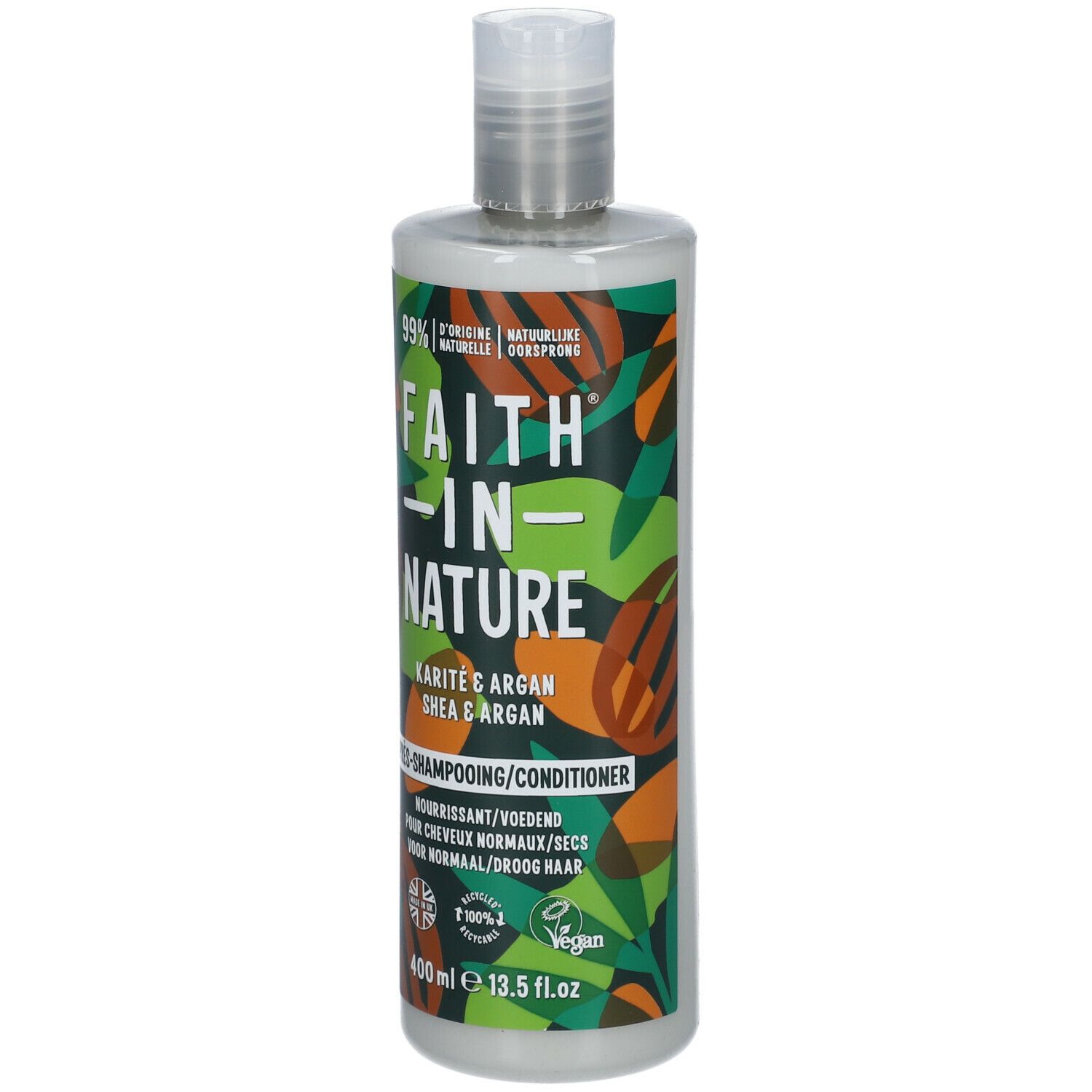 Bouteille de revitalisant. Face avant avec logo et informations sur le produit. Design vert et marron. Bouchon blanc. 400ml.