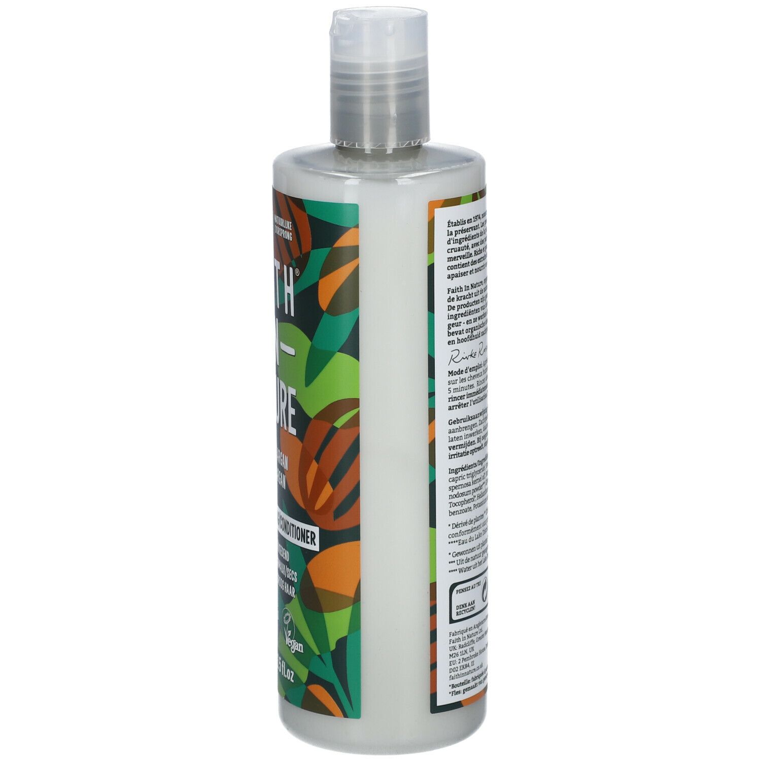 Bouteille de revitalisant. Côté avec logo et informations sur le produit. Design vert et marron. Bouchon blanc. 400ml.