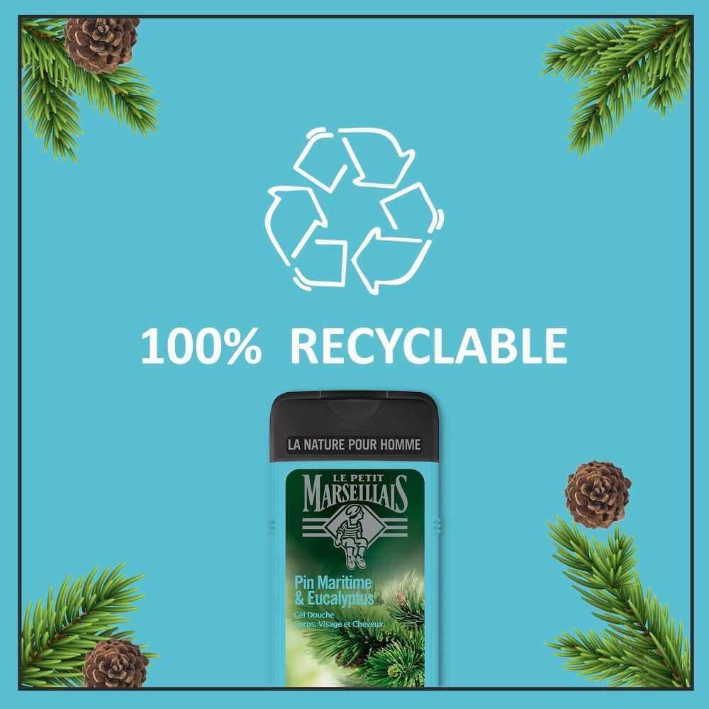 Fond turquoise avec cercle blanc et symbole de recyclage. Branches et cônes de pin. Inscription: 100% RECYCLABLE.
