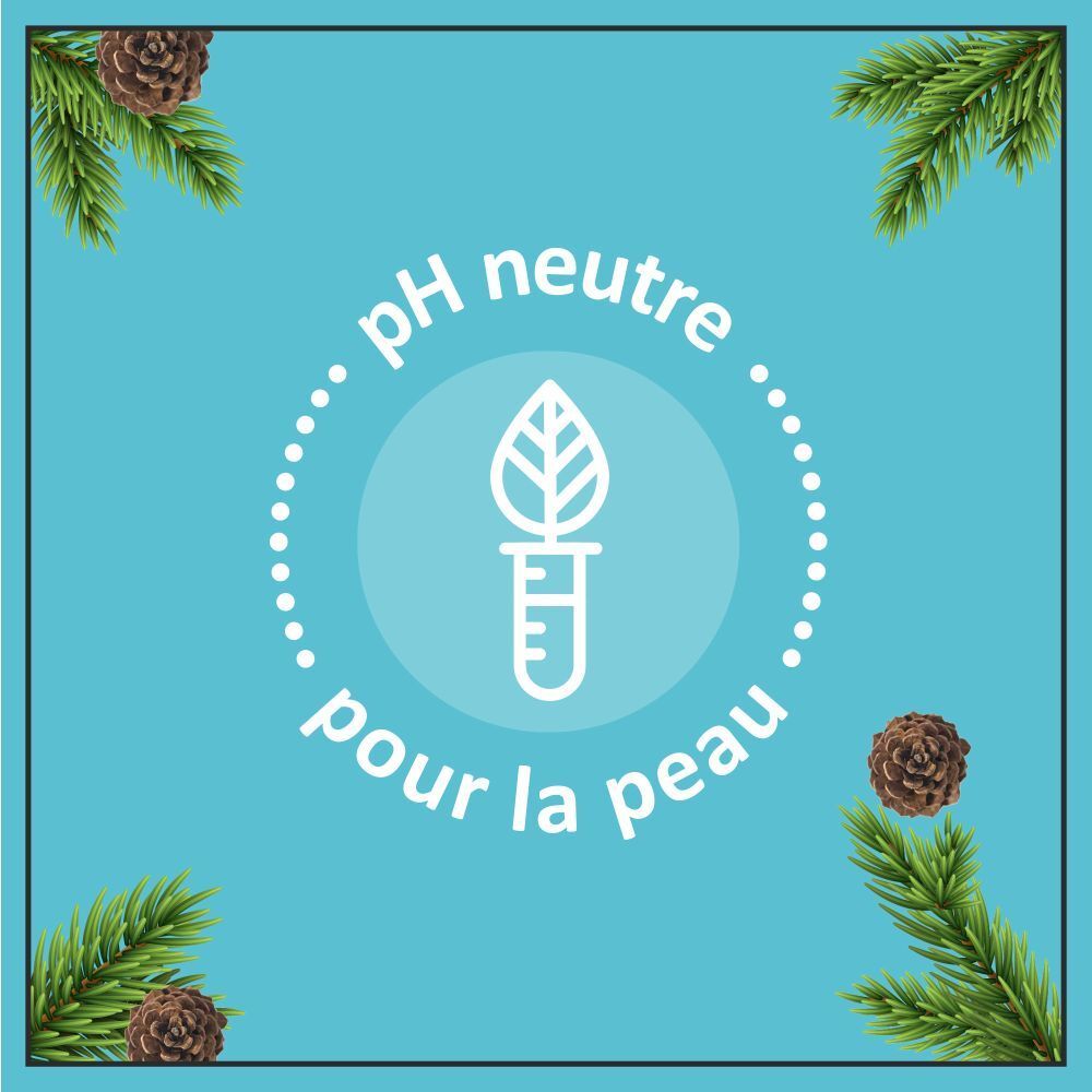 Fond turquoise avec cercle blanc et pictogramme. Branches et cônes de pin. Inscription: pH neutre pour la peau.