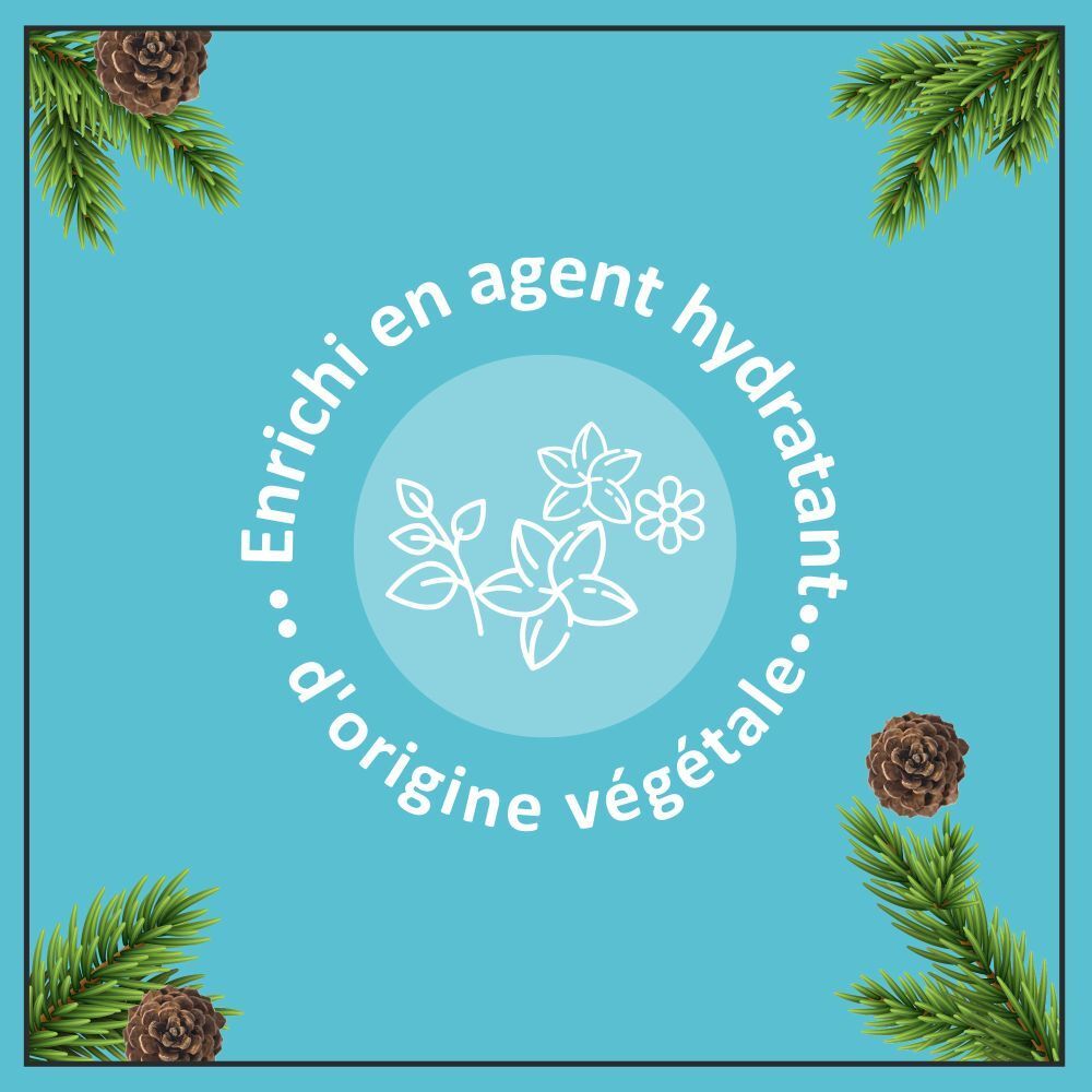 Fond turquoise avec cercle blanc et pictogramme. Branches et cônes de pin. Inscription: Enrichi en agent hydratant.