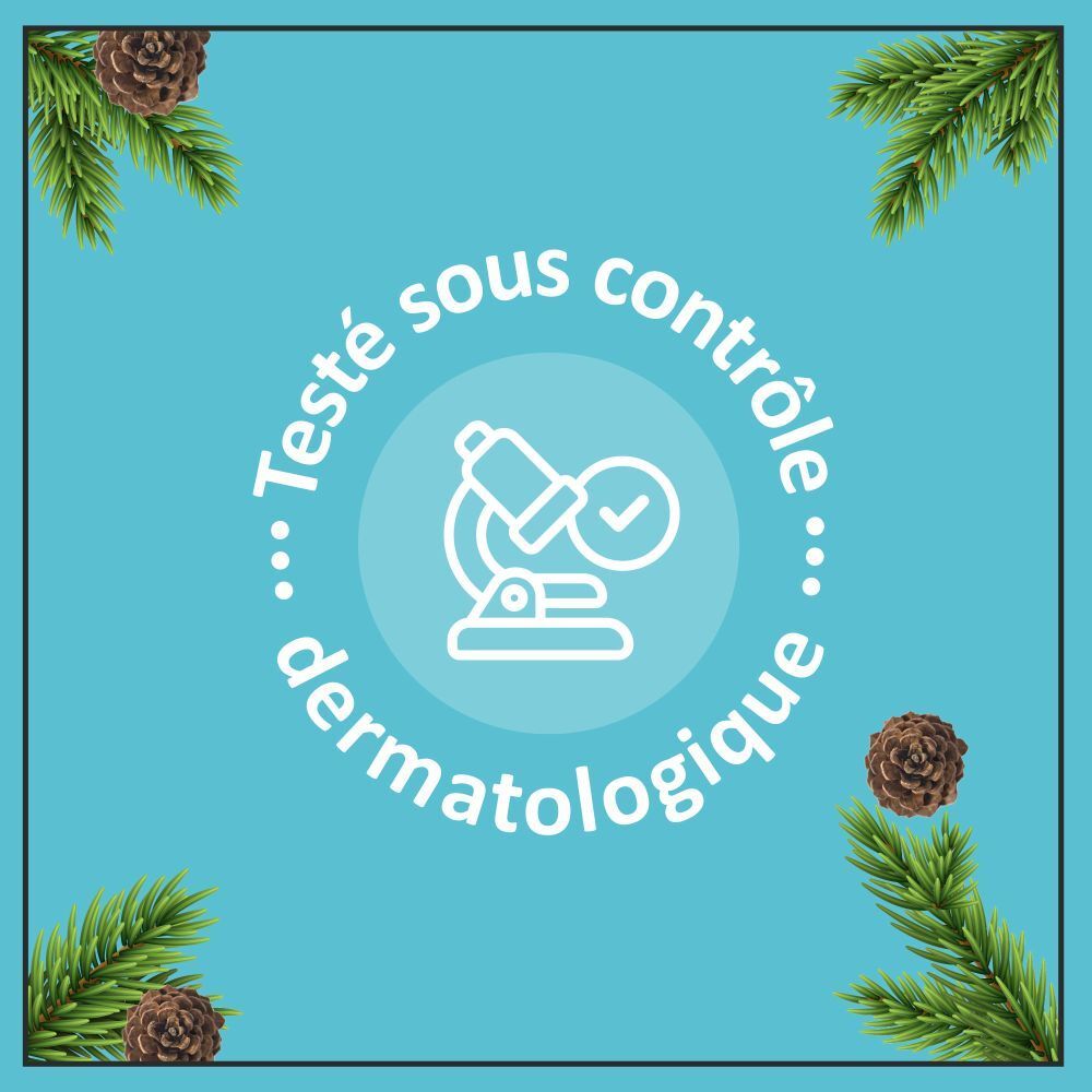 Fond turquoise avec cercle blanc et pictogramme. Branches et cônes de pin. Inscription: Testé sous contrôle dermatologique.