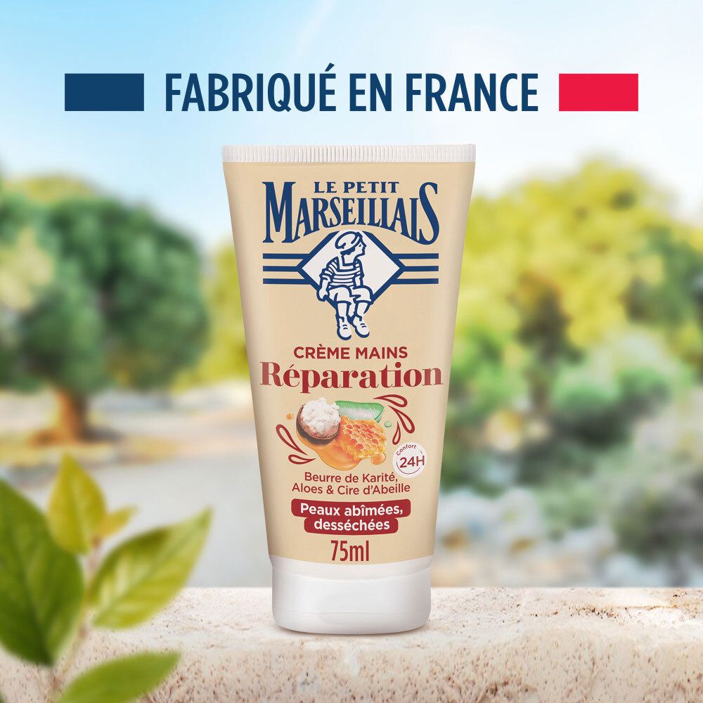 Tube de crème mains Le Petit Marseillais Réparation, fabriqué en France.