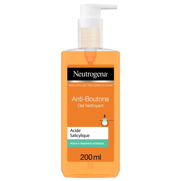 Flacon orange Neutrogena Anti-Boutons avec pompe blanche. Inscriptions : Anti-Boutons, Gel Nettoyant, Acide Salicylique, 200 ml.