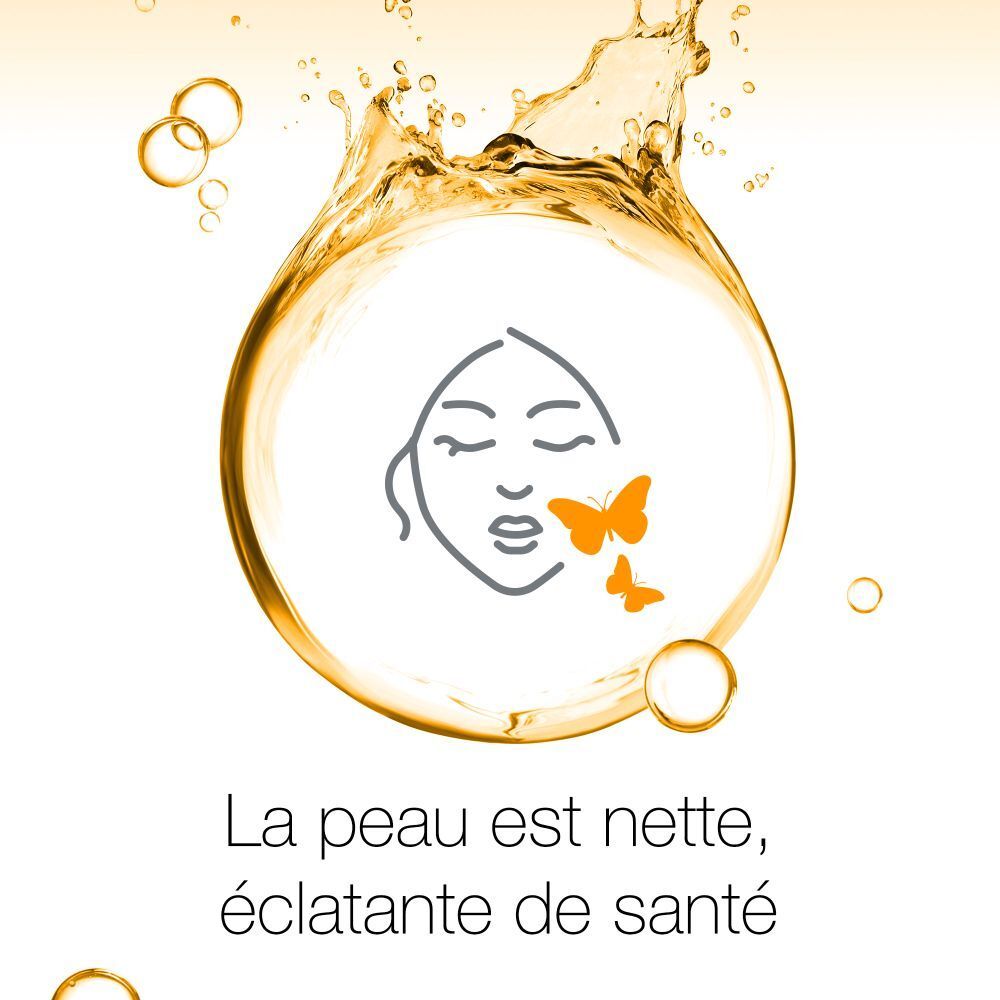 Graphique avec visage et papillons. Texte : La peau est nette, éclatante de santé.