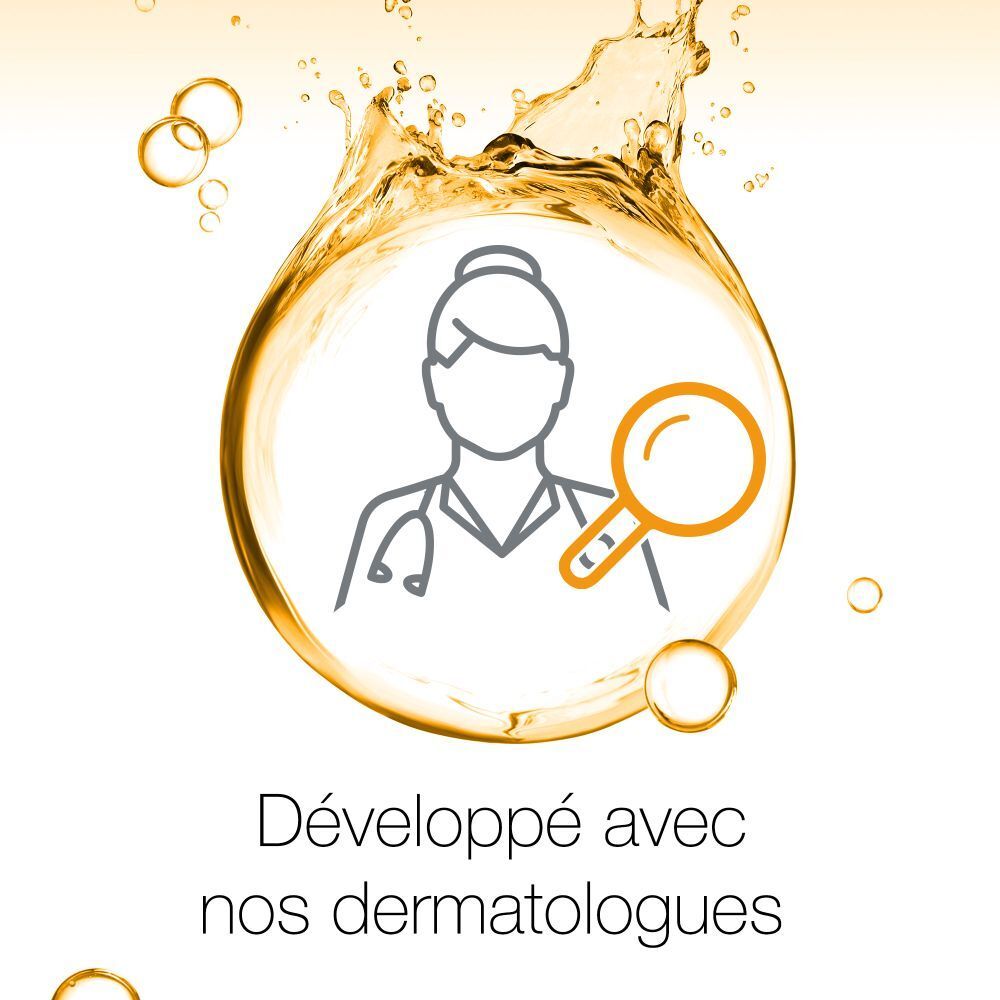 Graphique sur fond doré. Silhouette d'un médecin avec une loupe. Texte : Développé avec nos dermatologues.
