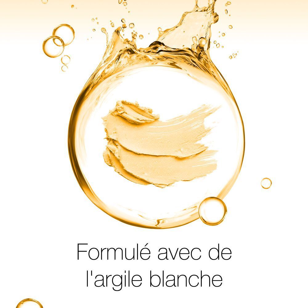 Graphique sur fond doré. Représentation de crème. Texte : Formulé avec de l'argile blanche.