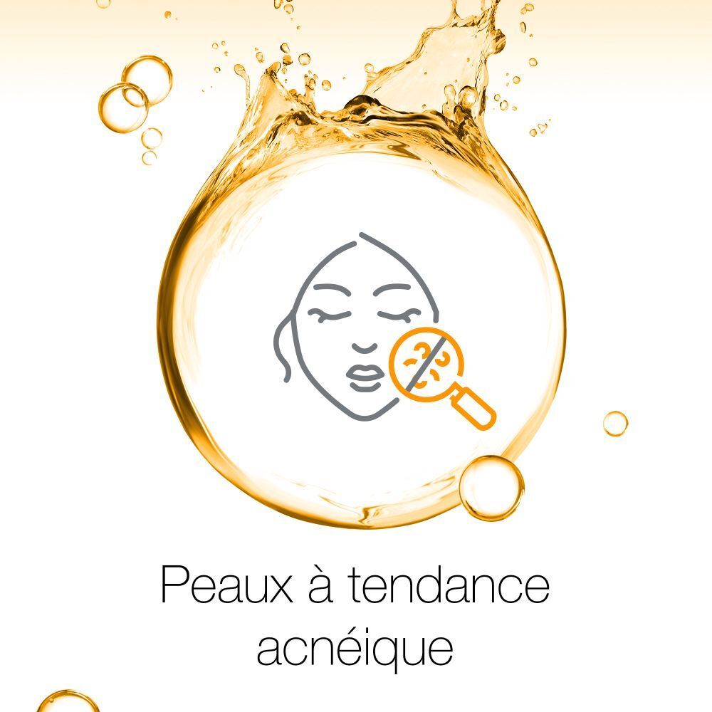 Graphique sur fond doré. Visage avec boutons. Texte : Peaux à tendance acnéique.