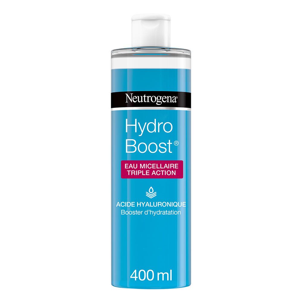 Neutrogena Hydro Boost eau micellaire. Flacon bleu, bouchon blanc. Contient de l'acide hyaluronique. 400 ml.