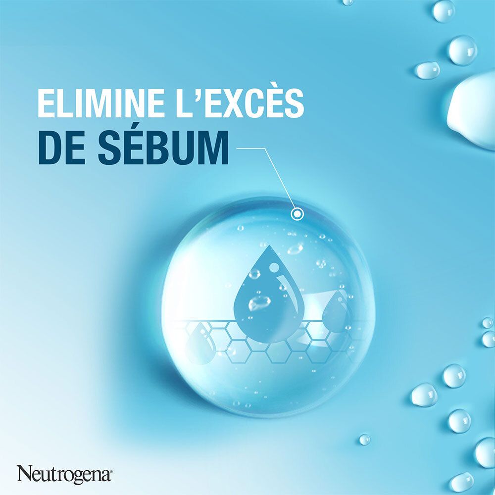 Neutrogena Hydro Boost. Image d'une bulle avec des gouttes d'eau. Texte: 'Elimine l'excès de sébum'.