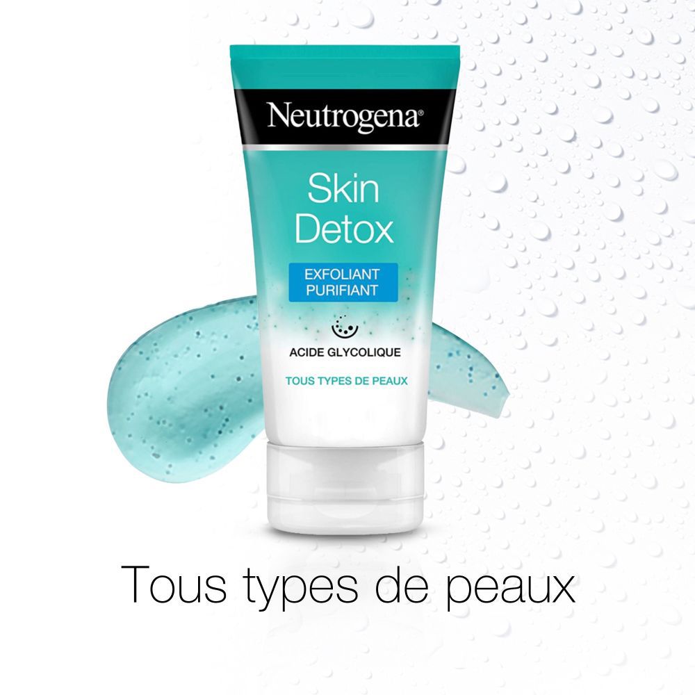 Tube Neutrogena Skin Detox et goutte de gel produit. Tube turquoise et blanc et goutte de gel sur fond blanc. Texte: Tous types de peaux.