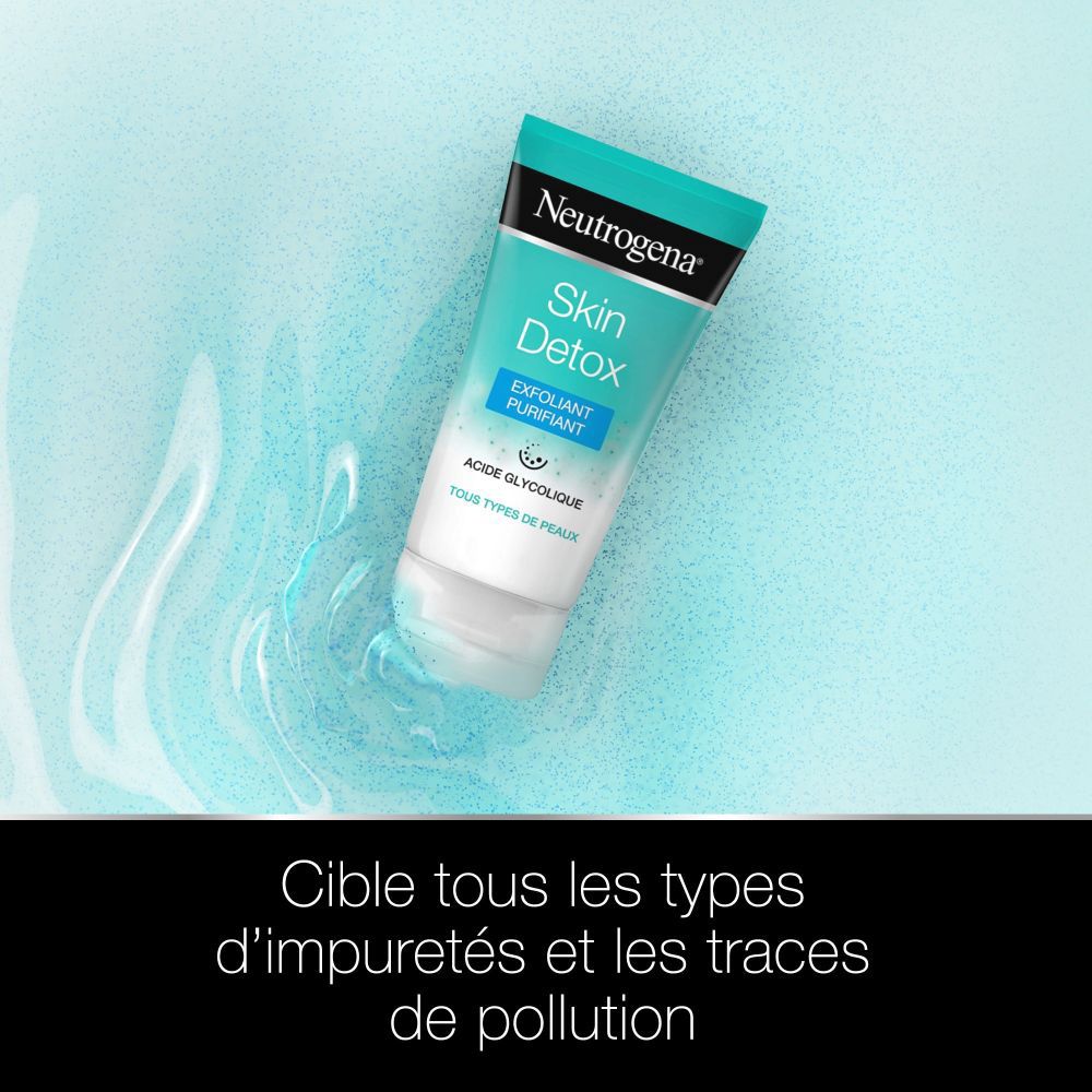 Tube Neutrogena Skin Detox dans l'eau. Tube turquoise et blanc dans l'eau. Texte: Cible tous les types d'impuretés et les traces de pollution.