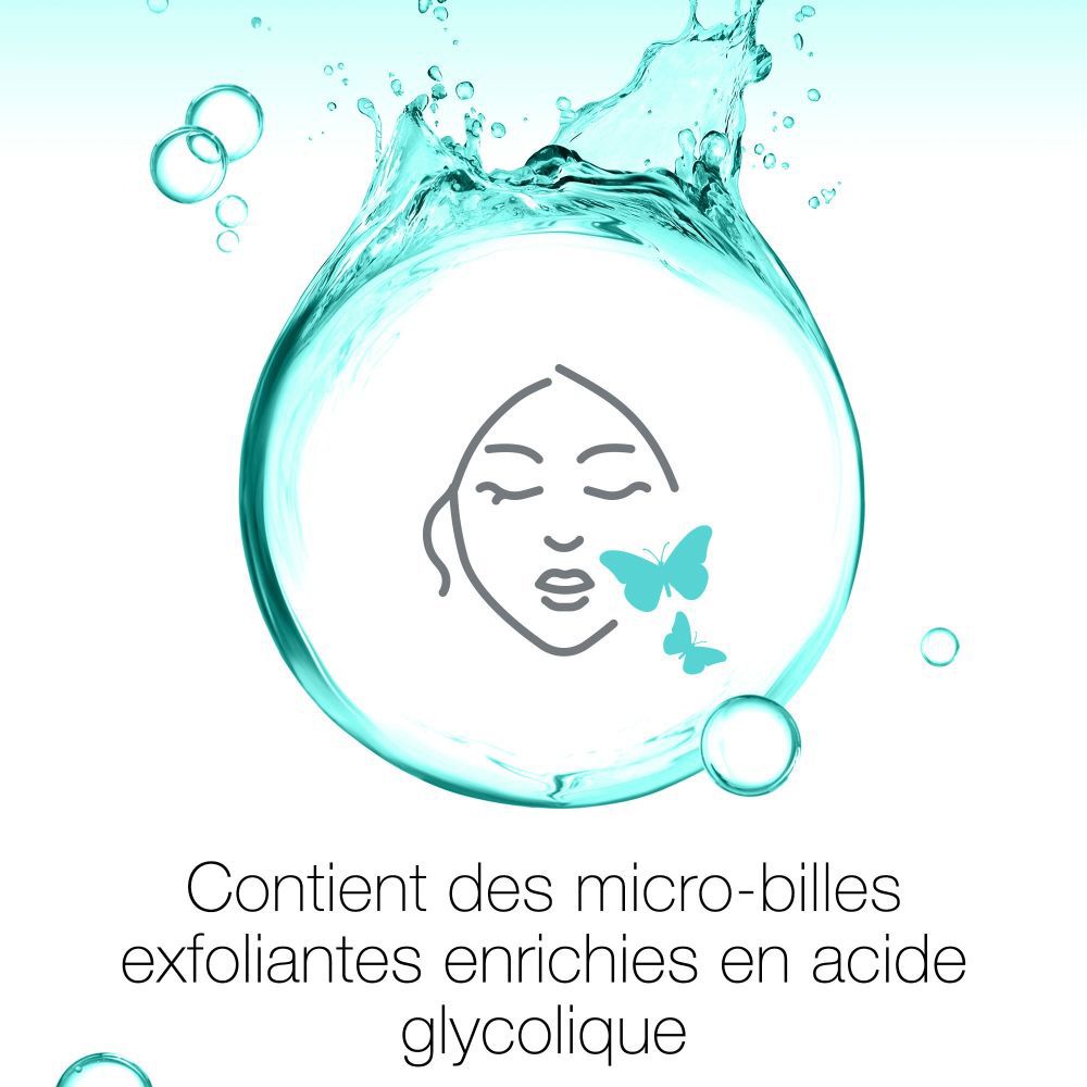 Visage avec bulle d'eau et papillons. Texte: Contient des micro-billes exfoliantes enrichies en acide glycolique.