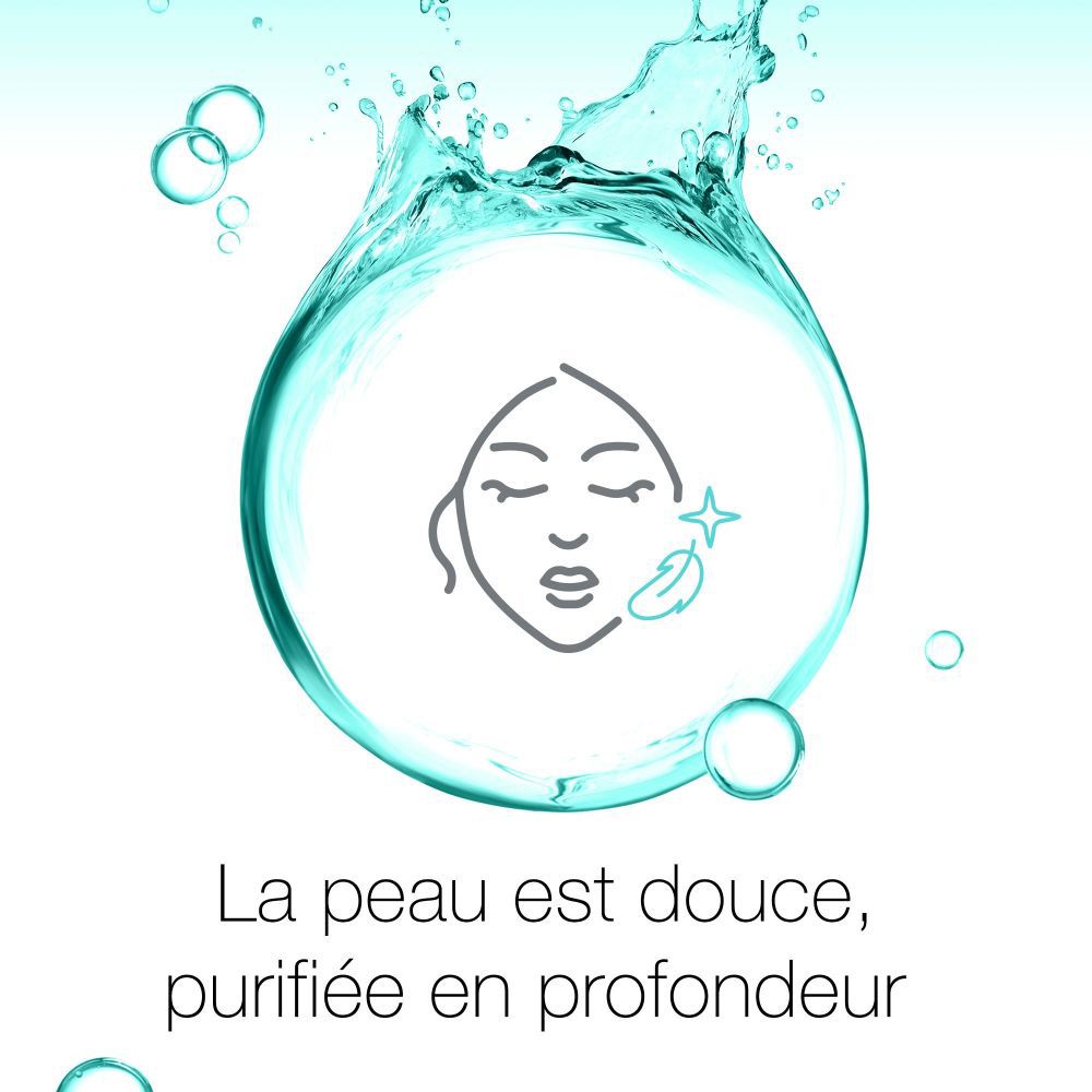 Visage avec bulle d'eau et étoile. Texte: La peau est douce, purifiée en profondeur.