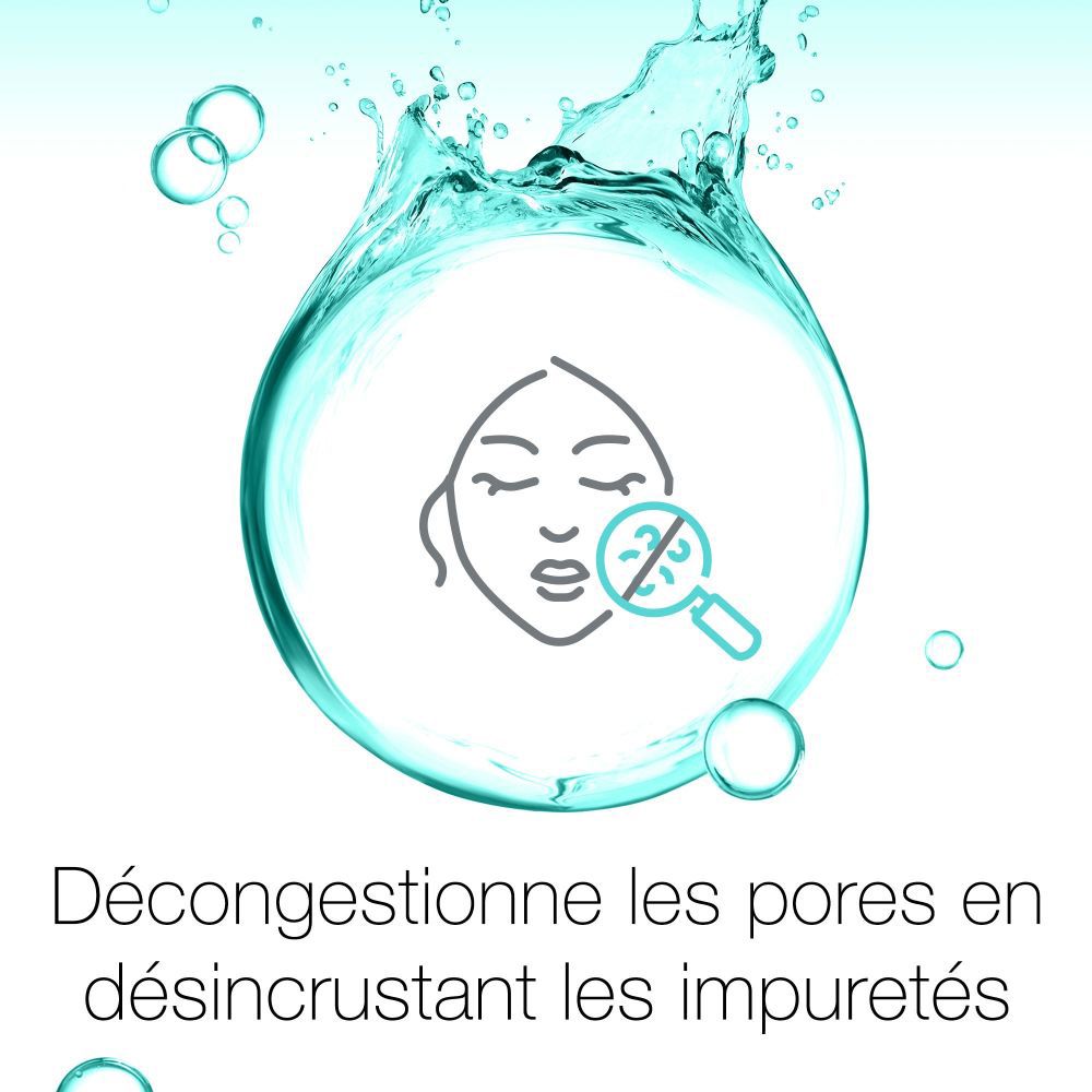 Visage avec bulle d'eau et loupe. Texte: Décongestionne les pores en désincrustant les impuretés.
