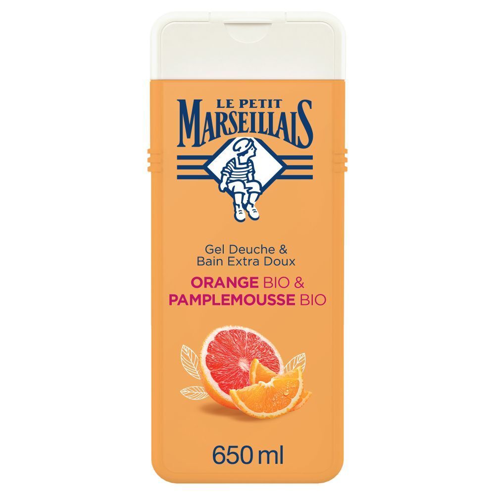 Flacon de gel douche Orange & Pamplemousse. Marque Le Petit Marseillais. 650 ml.