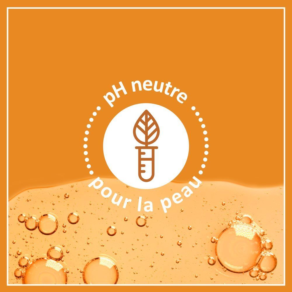 Symbole 'pH neutre pour la peau'. Fond orange avec bulles.