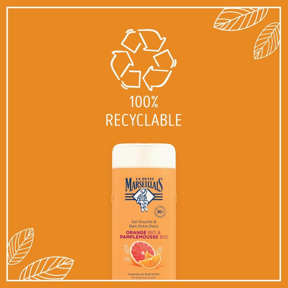 Flacon de gel douche avec symbole de recyclage et '100% recyclable'.