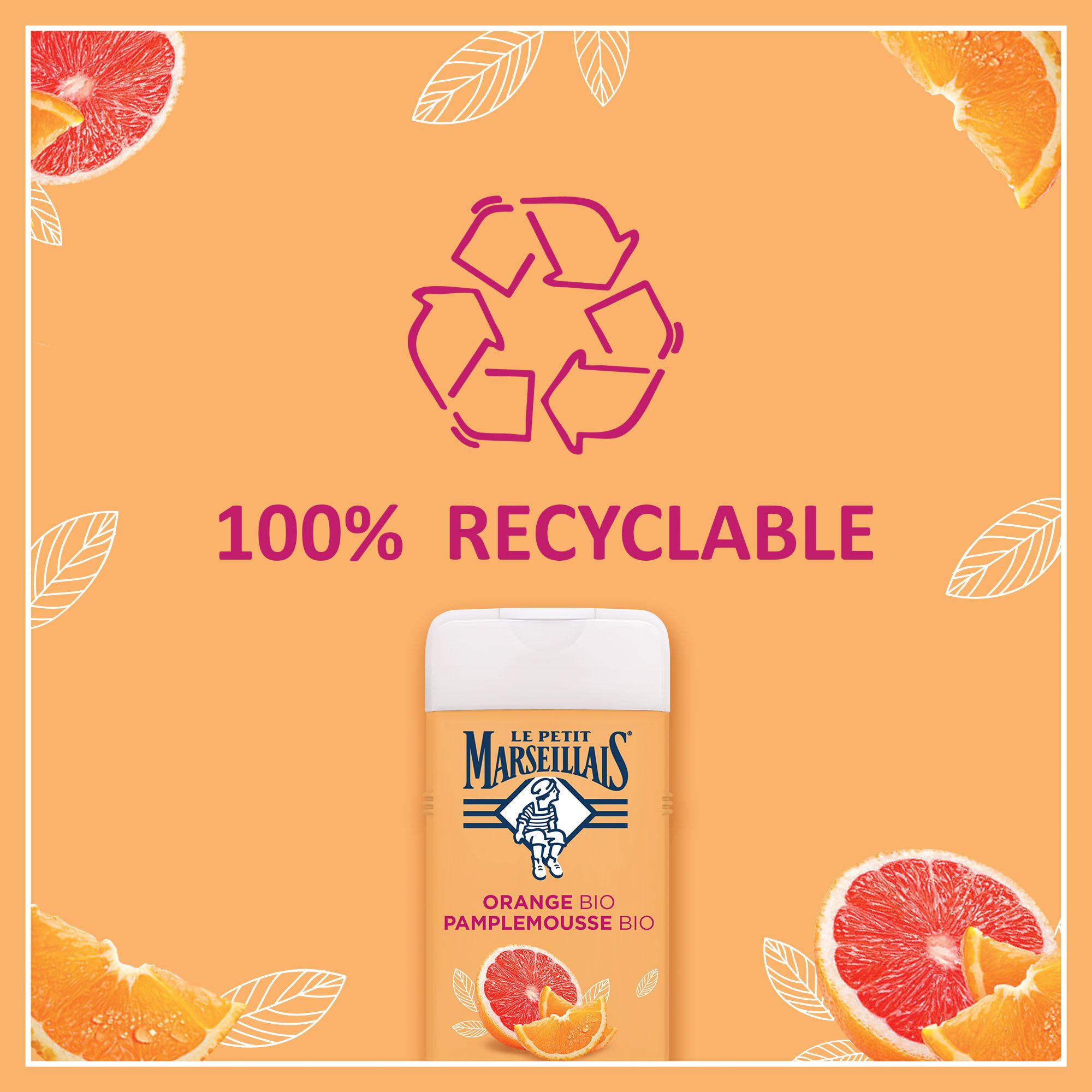 Symbole de recyclage et '100% recyclable'. Flacon de gel douche en arrière-plan.