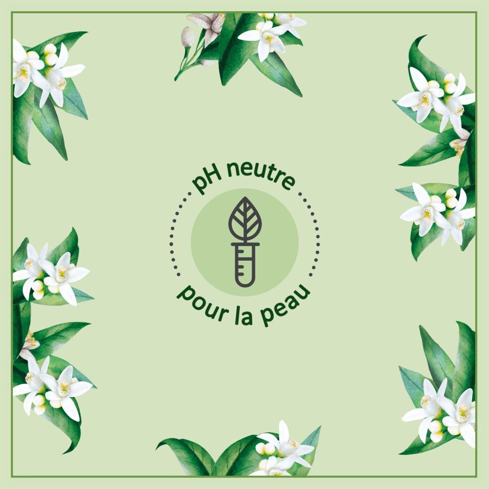 Image carrée, fond vert, fleurs blanches. Texte: pH neutre pour la peau.