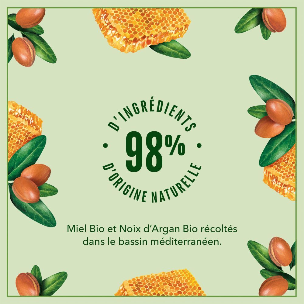 Logo circulaire avec texte: D'ingrédients 98% d'origine naturelle. Texte: Miel Bio et Noix d'Argan Bio récoltés dans le bassin méditerranéen.
