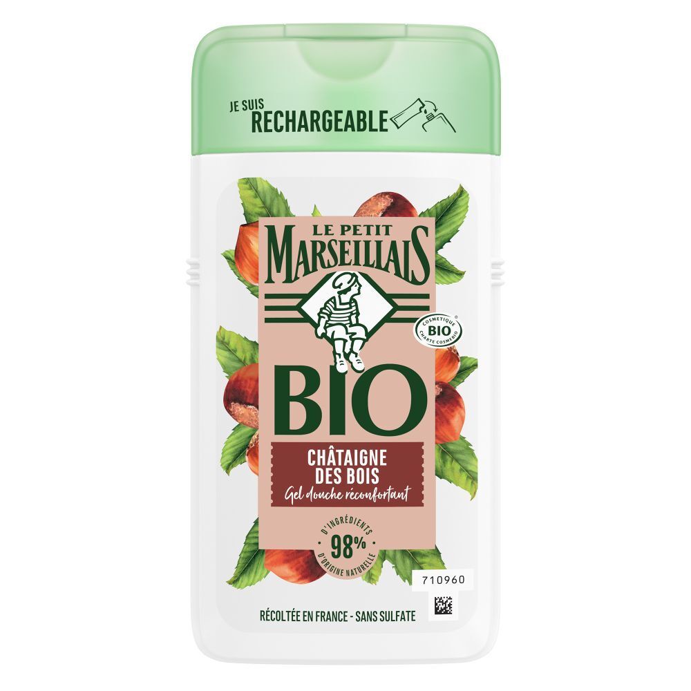 Flacon de gel douche avec motif de châtaignes. Texte: Le Petit Marseillais BIO Châtaigne des Bois. 98% d'ingrédients d'origine naturelle.