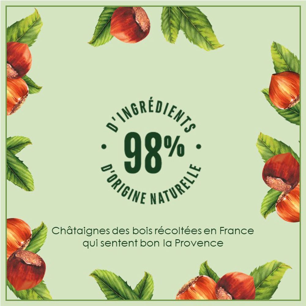 Étiquette circulaire avec 98% d'ingrédients naturels. Châtaignes et feuilles encadrent le texte. Fabriqué en France.