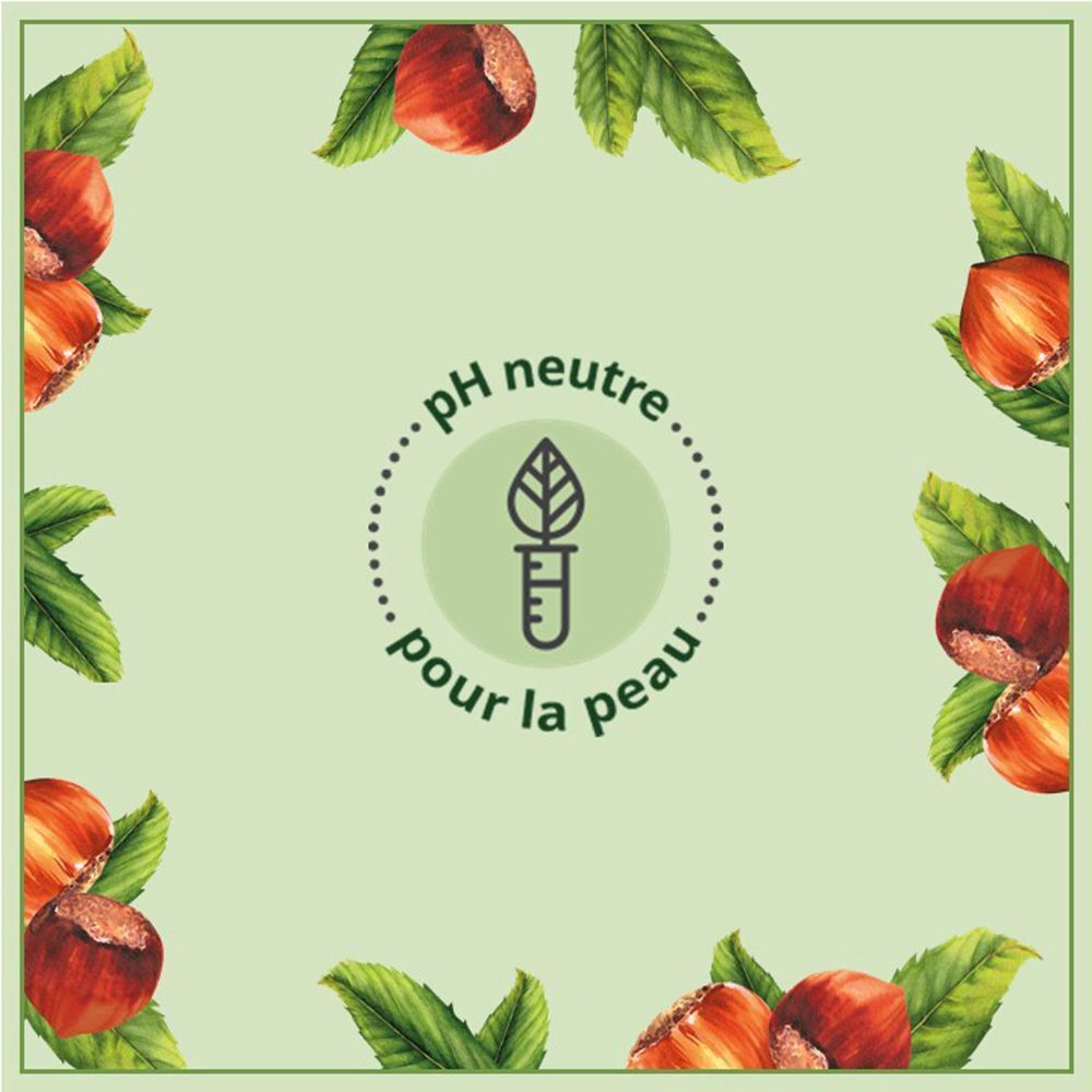 Étiquette avec symbole pH neutre. Châtaignes et feuilles encadrent le texte. Fond vert.
